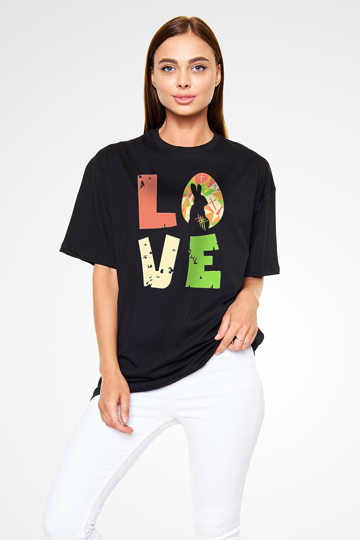 Paskalya Baskılı Unisex Siyah Oversize Tişört - Tshirt