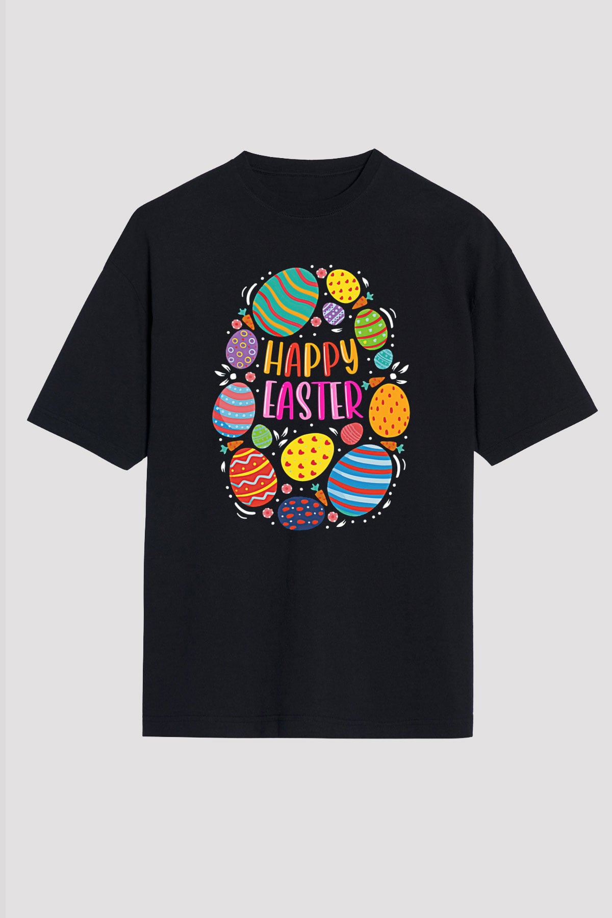 Paskalya Baskılı Unisex Siyah Oversize Tişört - Tshirt