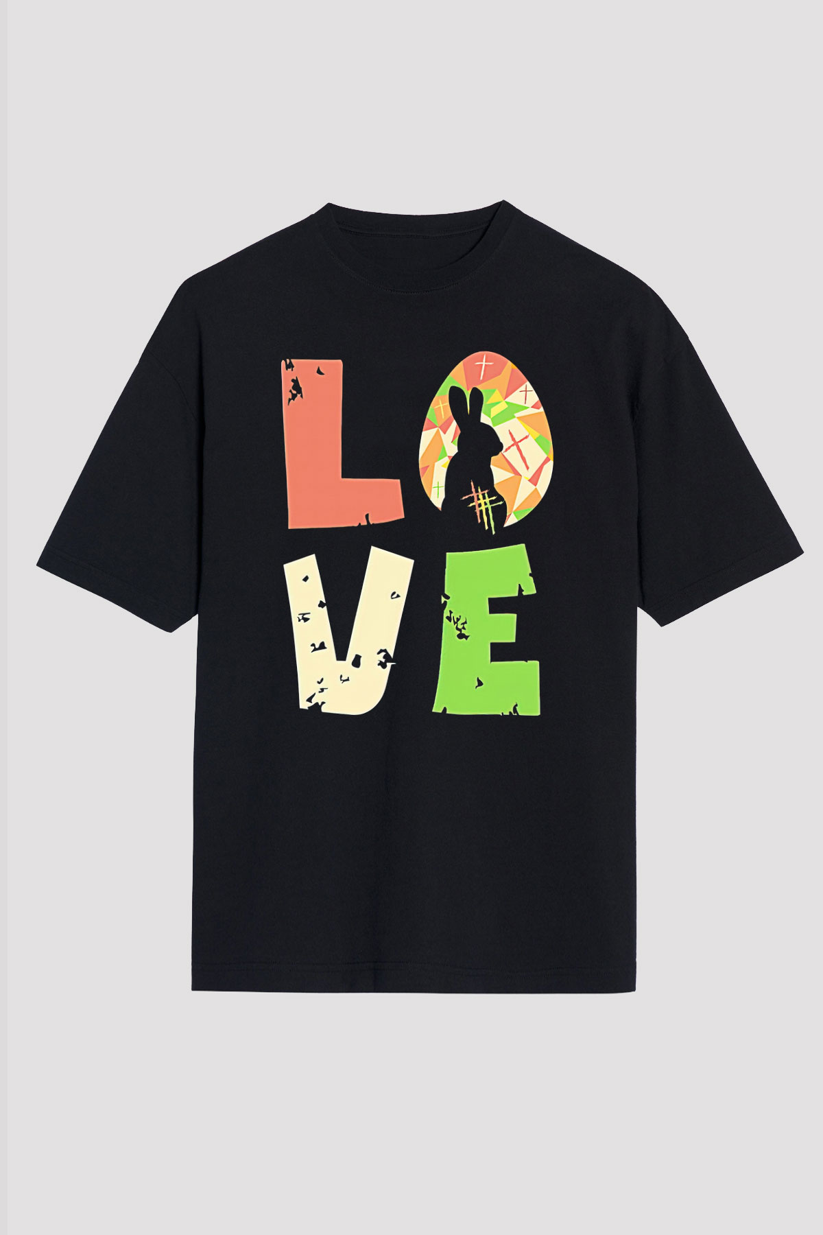 Paskalya Baskılı Unisex Siyah Oversize Tişört - Tshirt