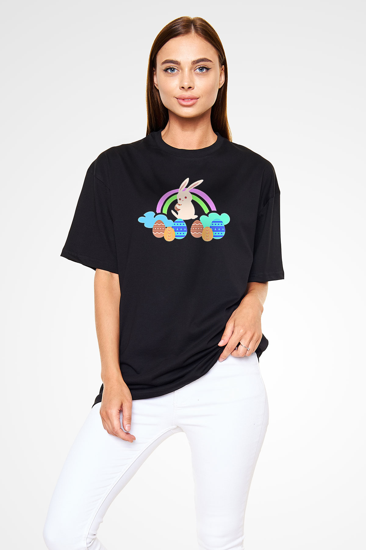 Paskalya Baskılı Unisex Siyah Oversize Tişört - Tshirt