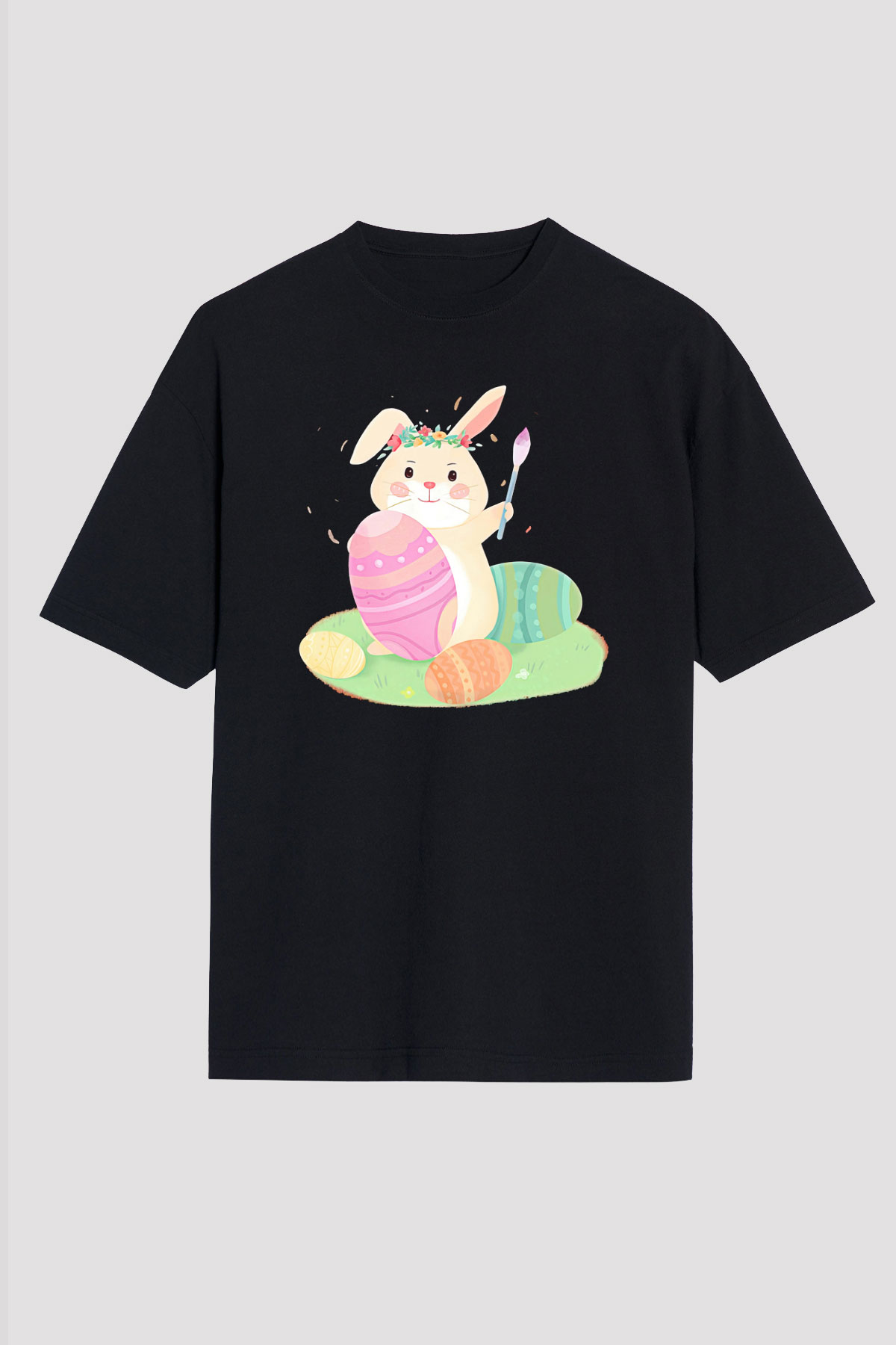 Paskalya Baskılı Unisex Siyah Oversize Tişört - Tshirt