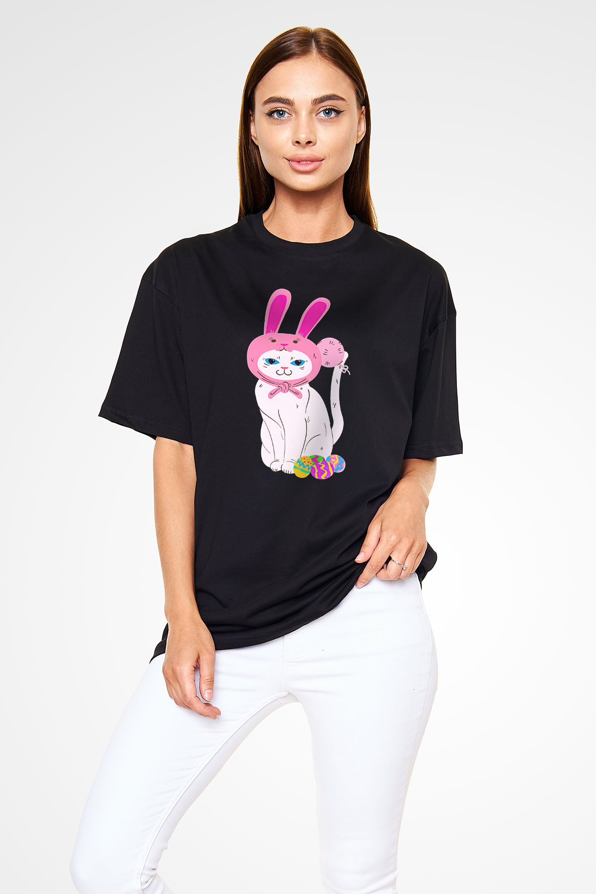 Paskalya Baskılı Unisex Siyah Oversize Tişört - Tshirt