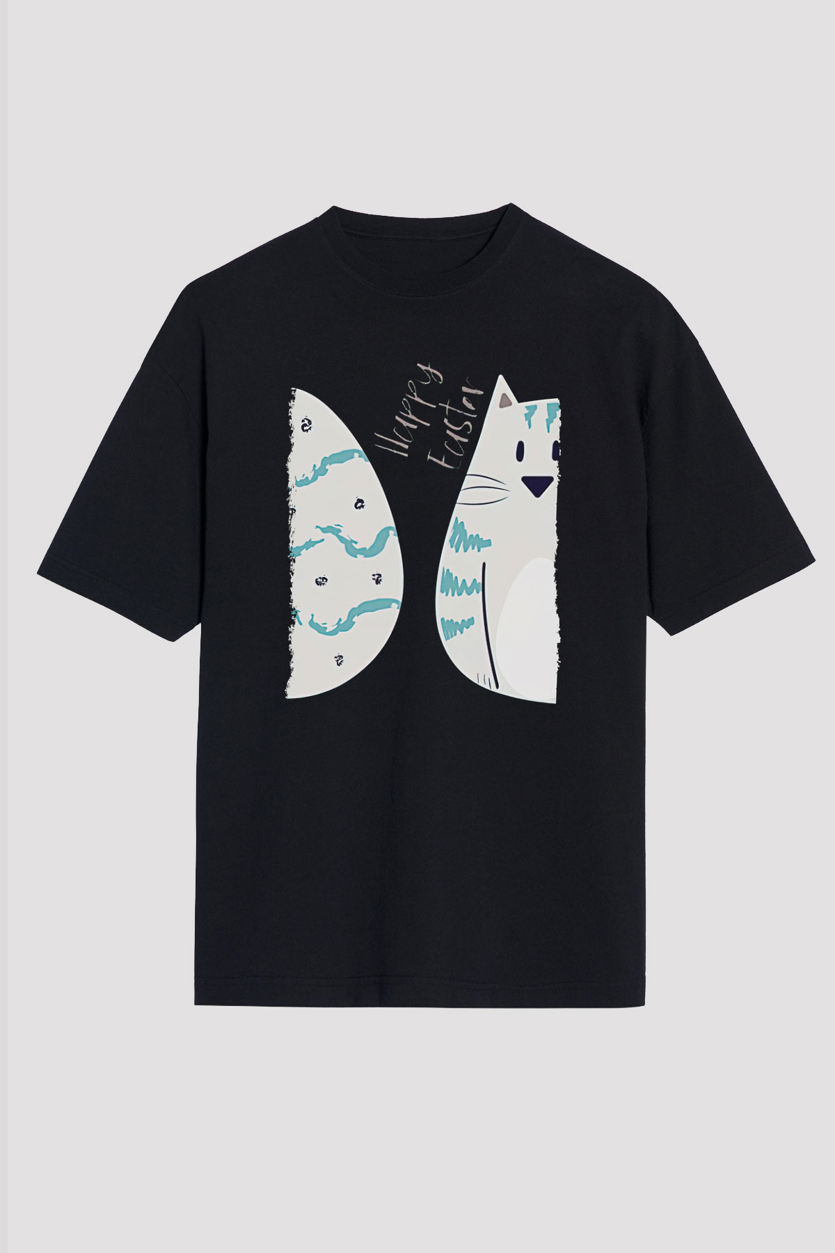 Paskalya Baskılı Unisex Siyah Oversize Tişört - Tshirt