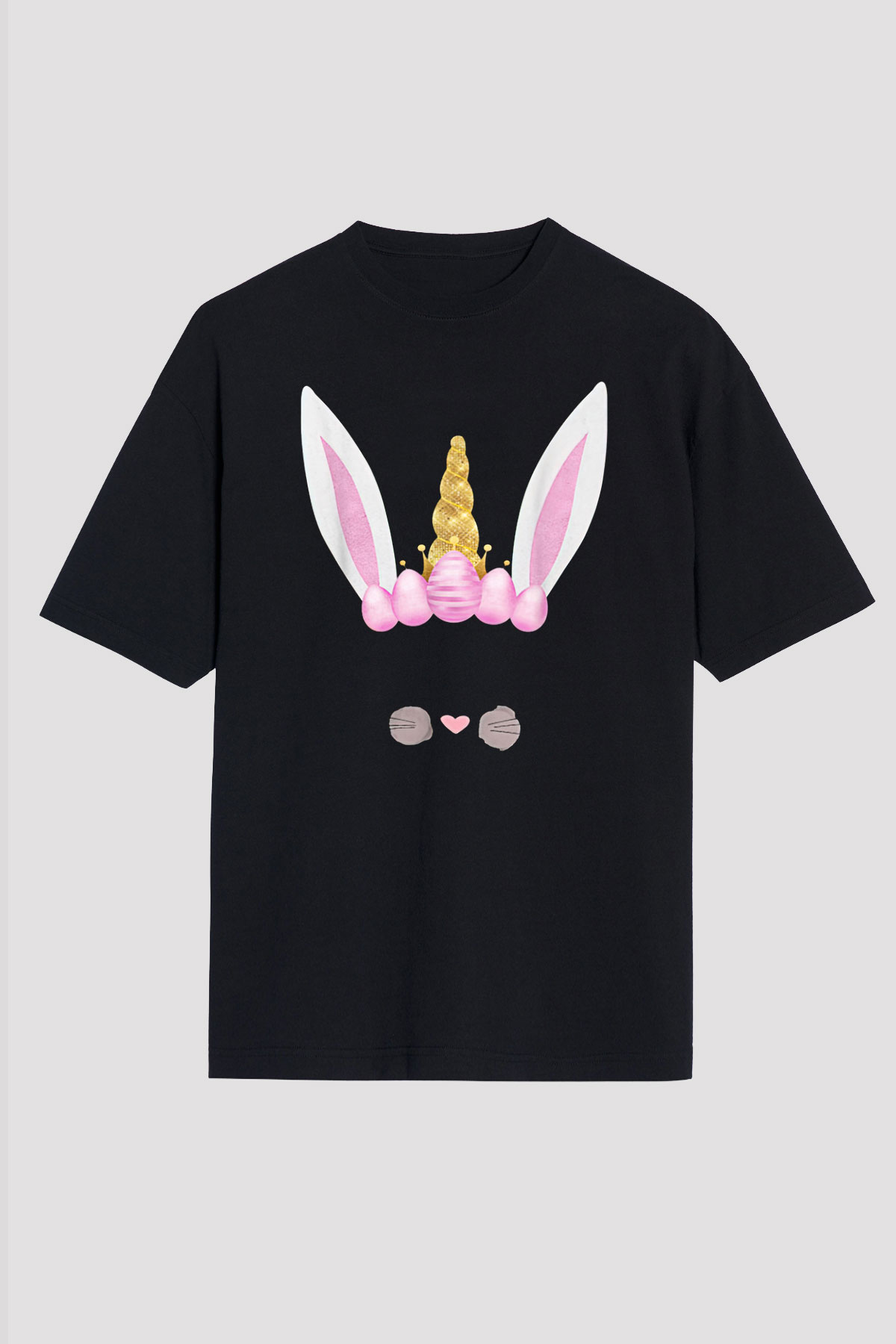 Paskalya Baskılı Unisex Siyah Oversize Tişört - Tshirt