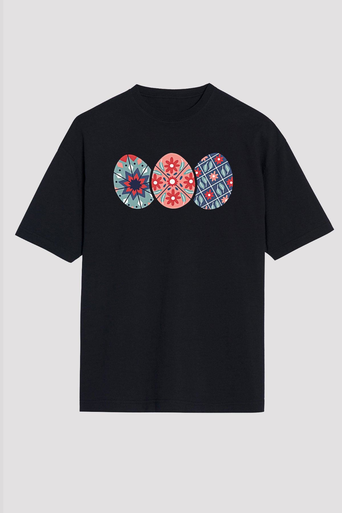 Paskalya Baskılı Unisex Siyah Oversize Tişört - Tshirt