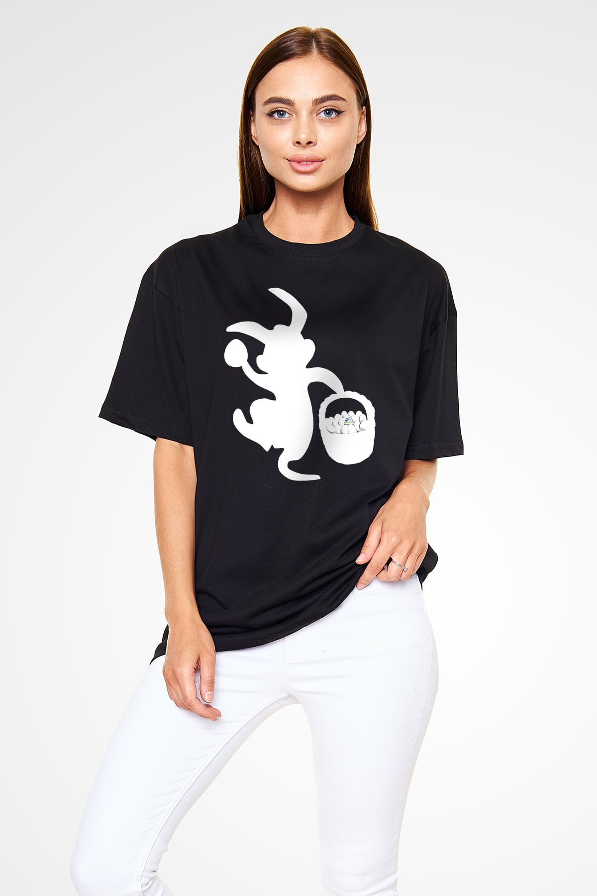 Paskalya Baskılı Unisex Siyah Oversize Tişört - Tshirt