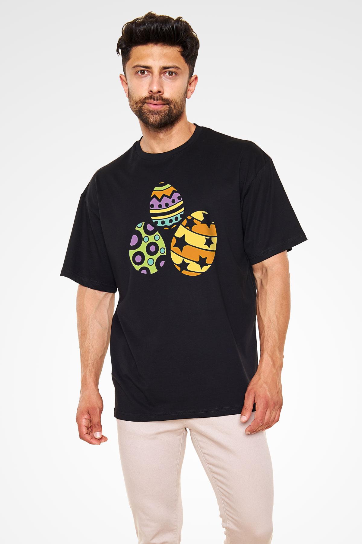 Paskalya Baskılı Unisex Siyah Oversize Tişört - Tshirt