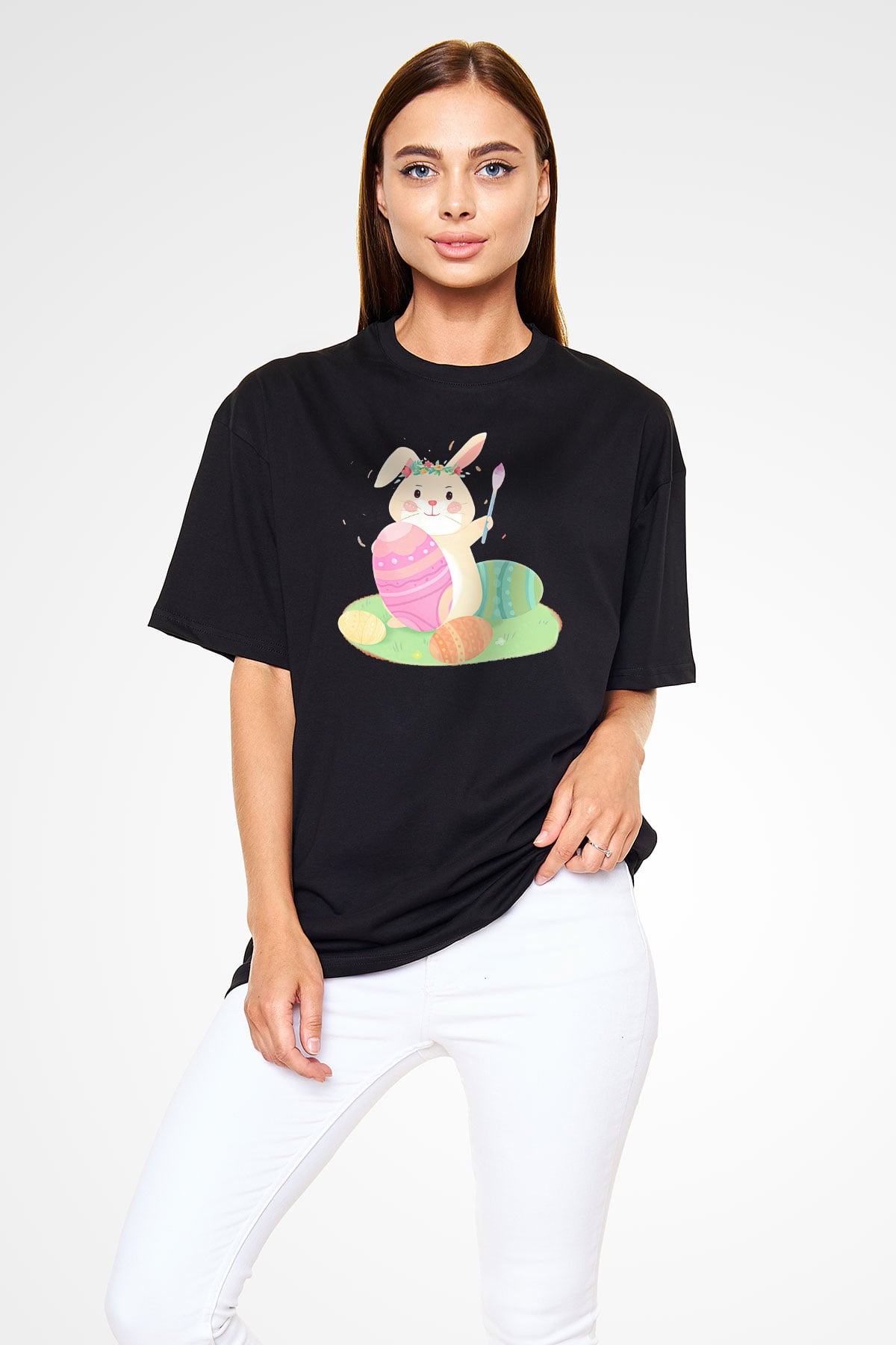 Paskalya Baskılı Unisex Siyah Oversize Tişört - Tshirt