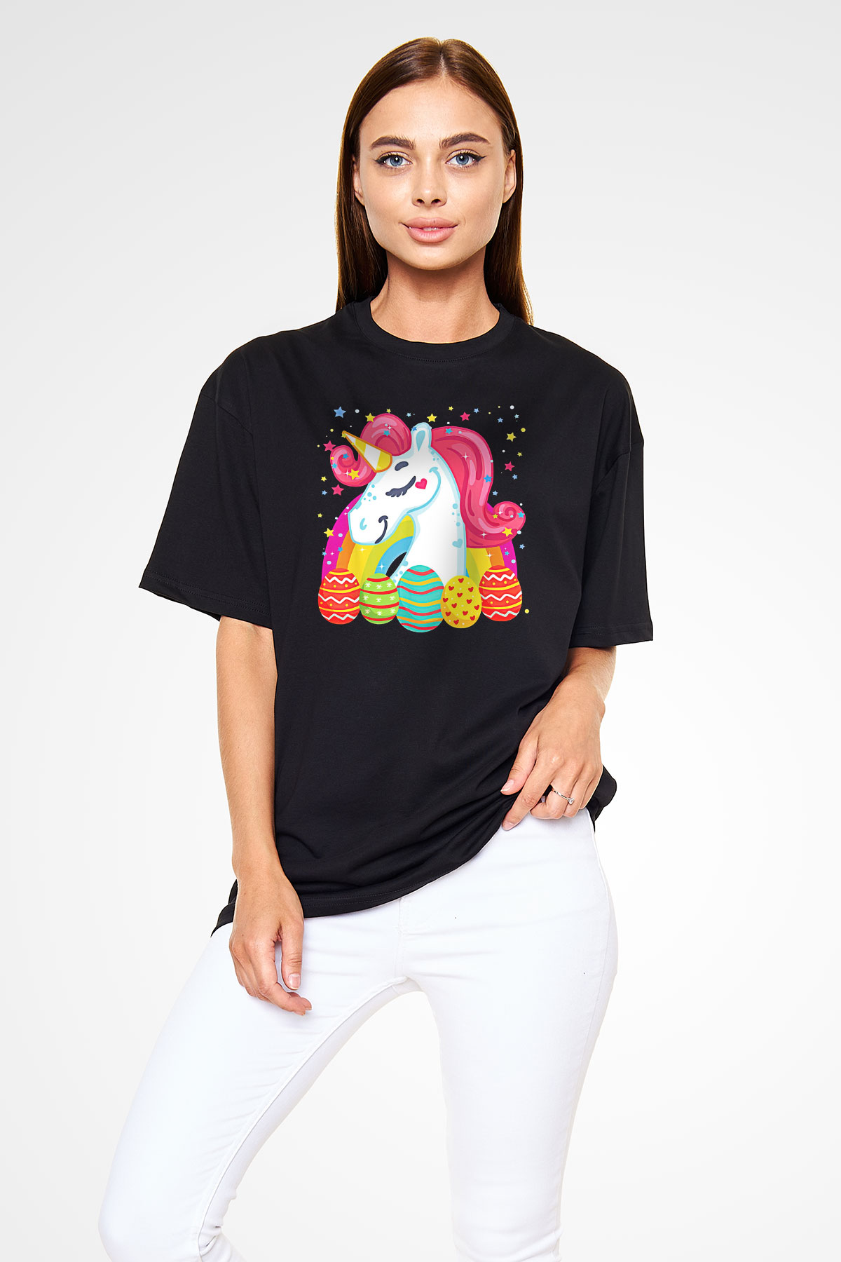 Paskalya Baskılı Unisex Siyah Oversize Tişört - Tshirt