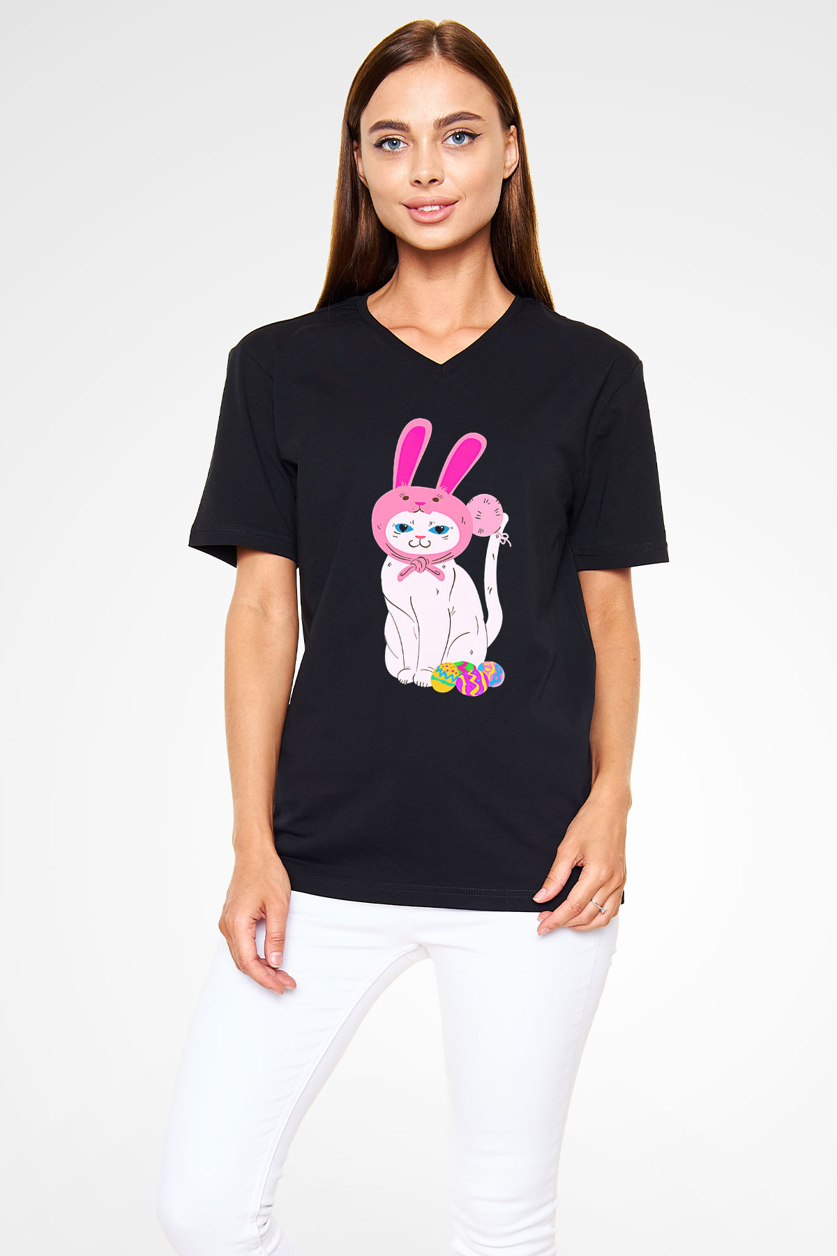 Paskalya Baskılı Unisex Siyah V Yaka Tişört - Tshirt