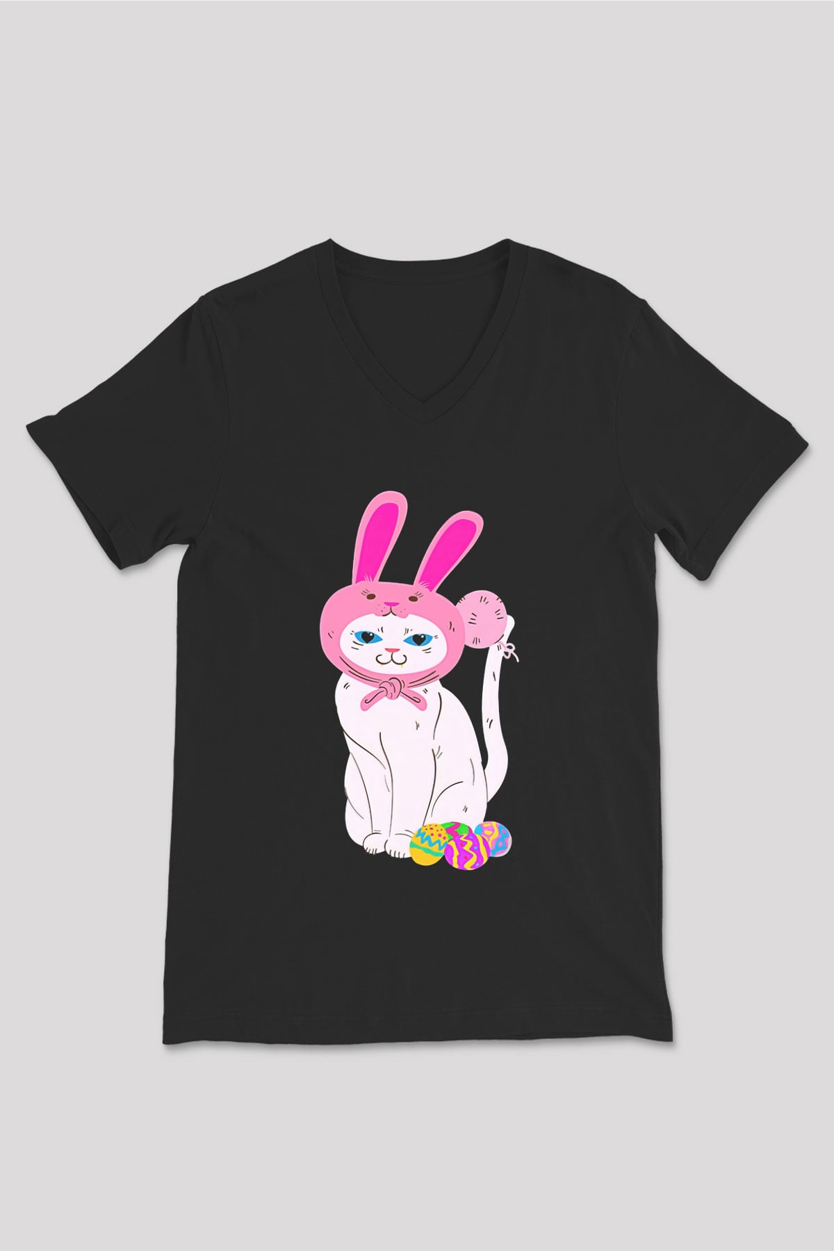 Paskalya Baskılı Unisex Siyah V Yaka Tişört - Tshirt