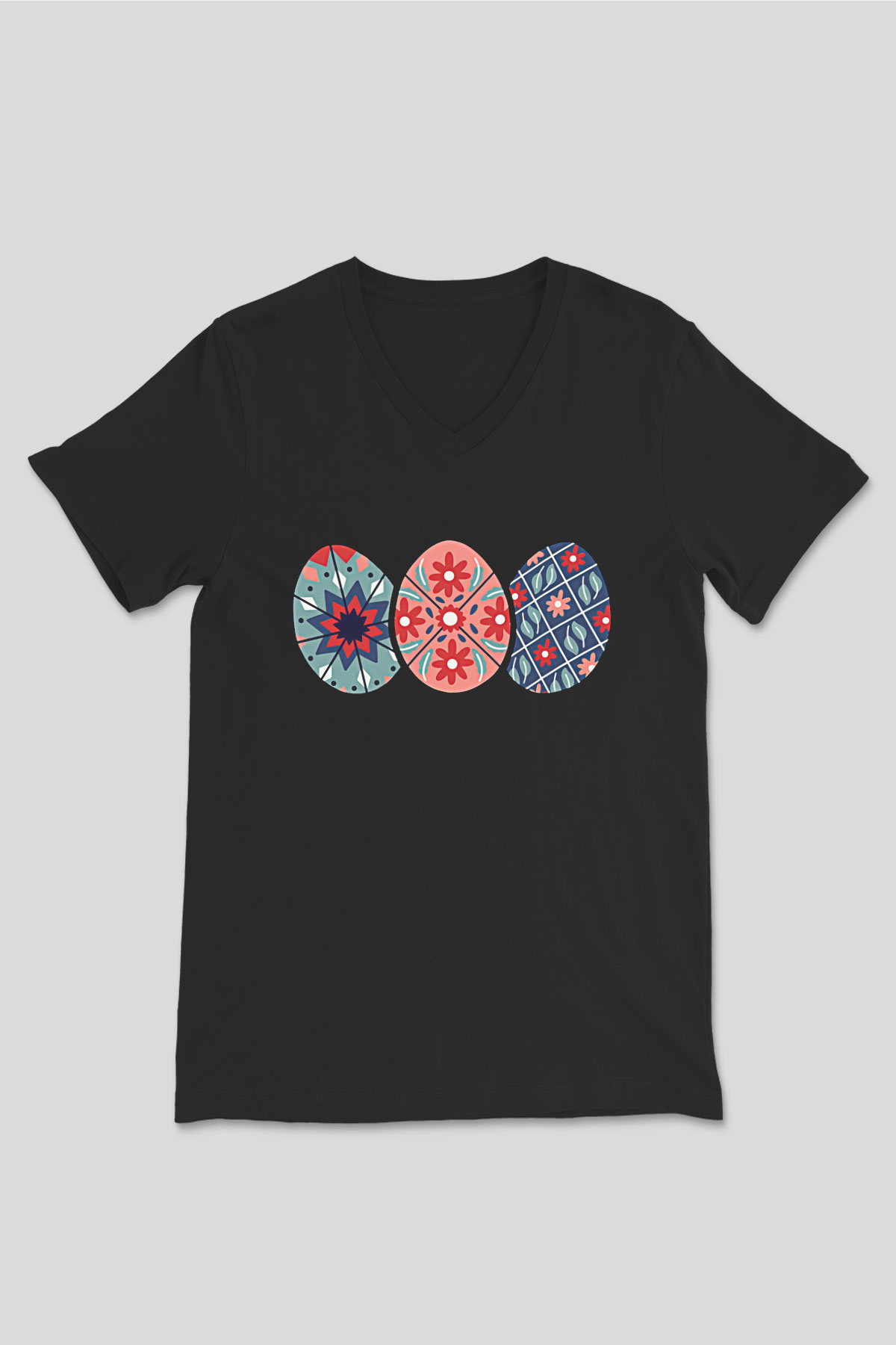 Paskalya Baskılı Unisex Siyah V Yaka Tişört - Tshirt