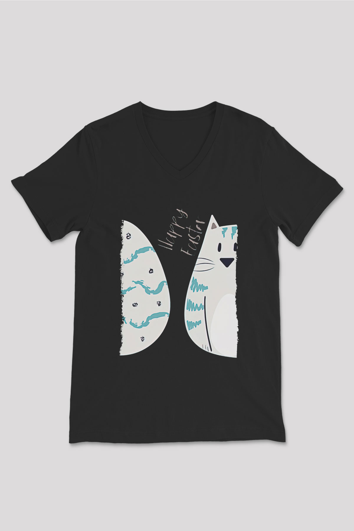 Paskalya Baskılı Unisex Siyah V Yaka Tişört - Tshirt