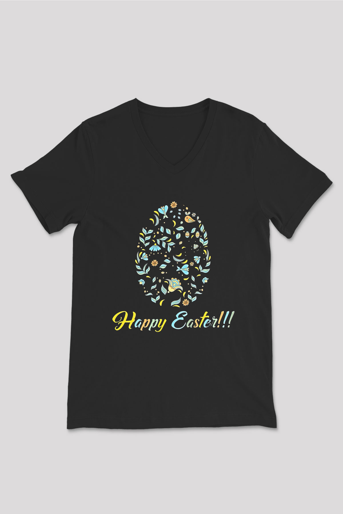 Paskalya Baskılı Unisex Siyah V Yaka Tişört - Tshirt