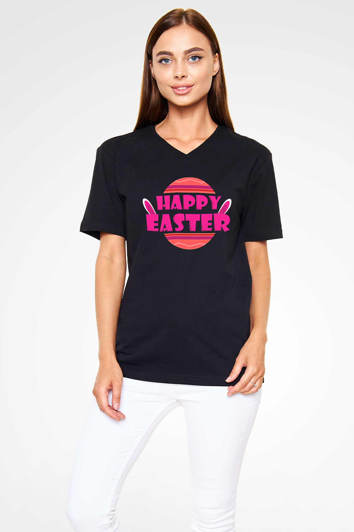 Paskalya Baskılı Unisex Siyah V Yaka Tişört - Tshirt