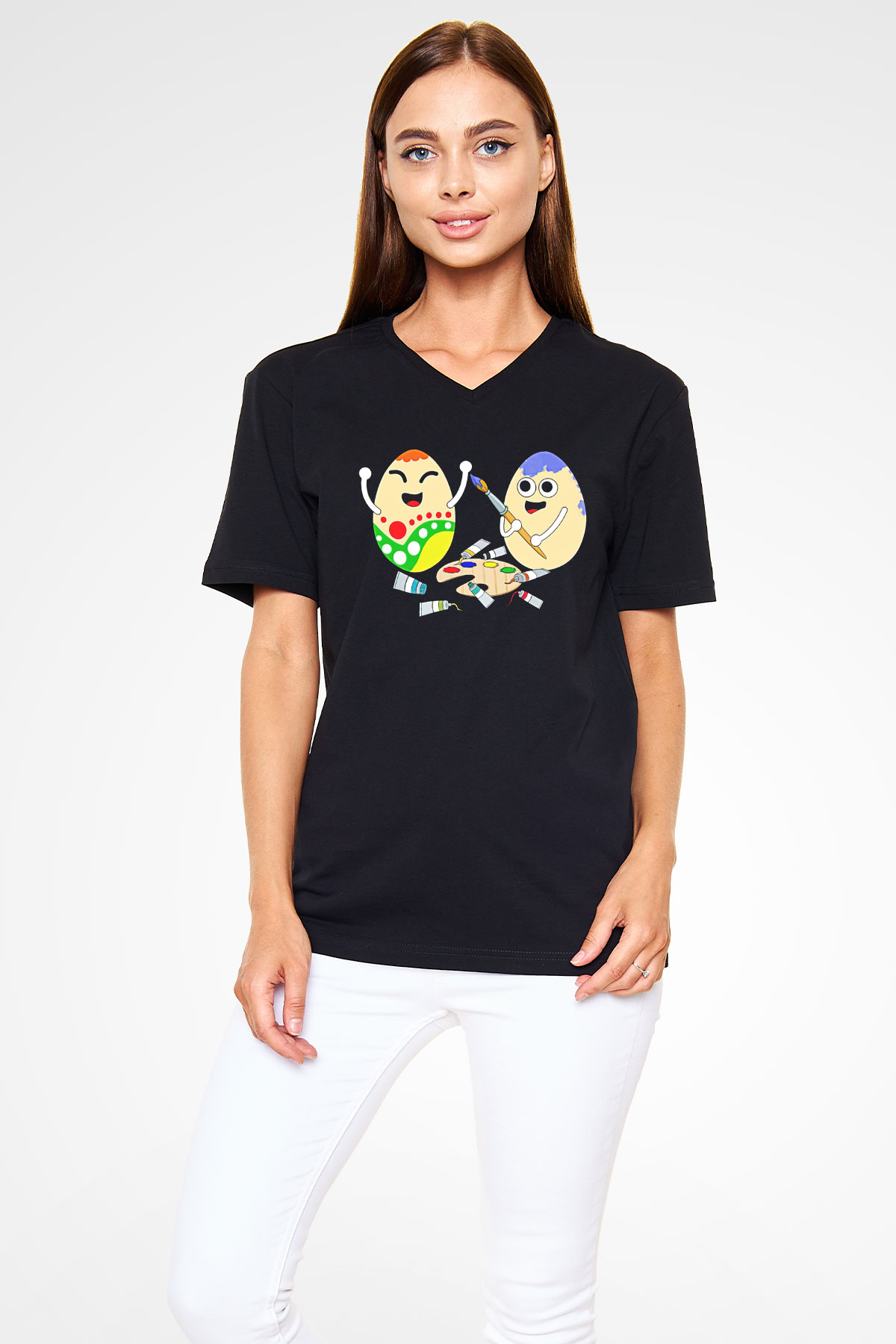 Paskalya Baskılı Unisex Siyah V Yaka Tişört - Tshirt