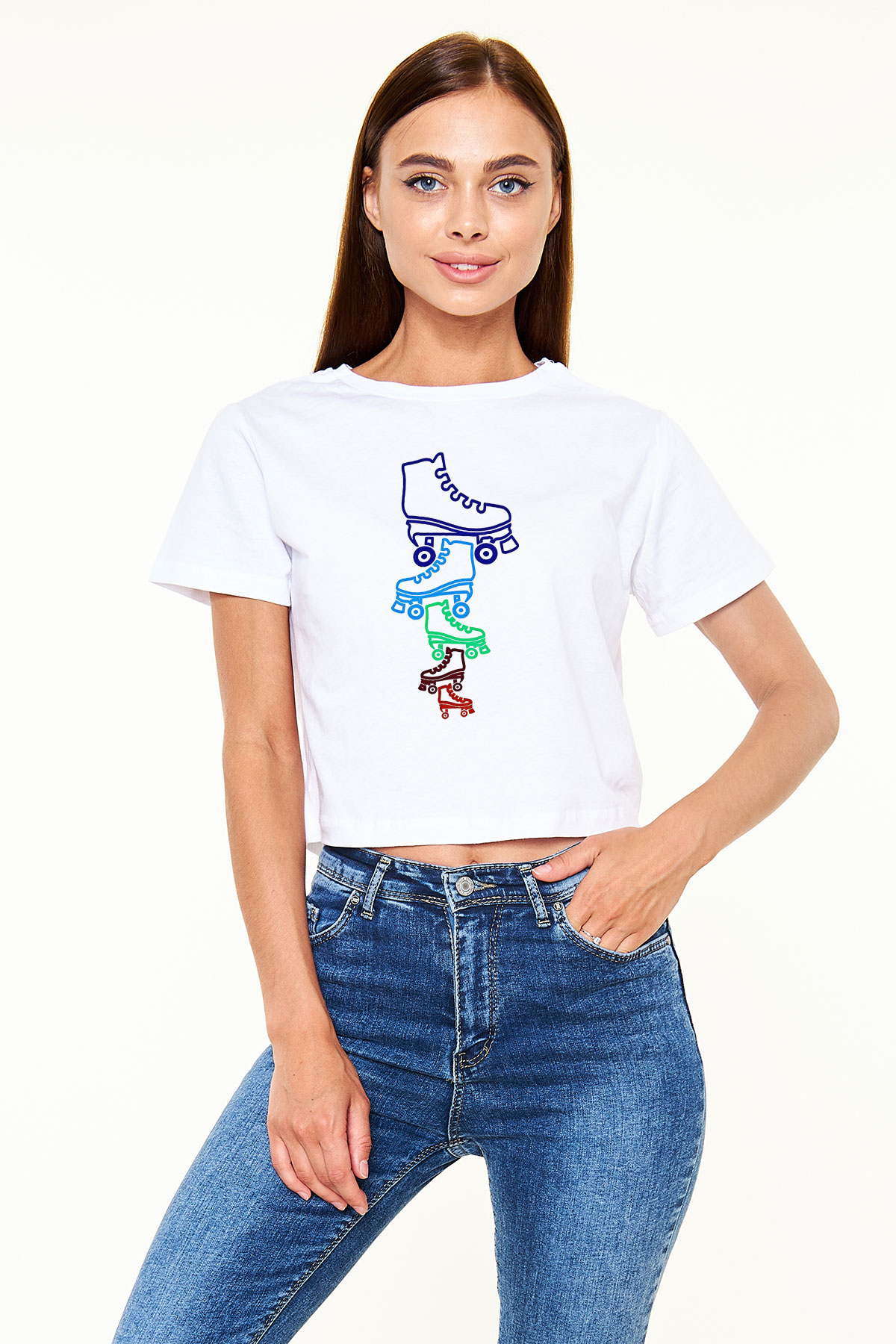 Paten Baskılı Crop Top Beyaz Tişört - T-shirt