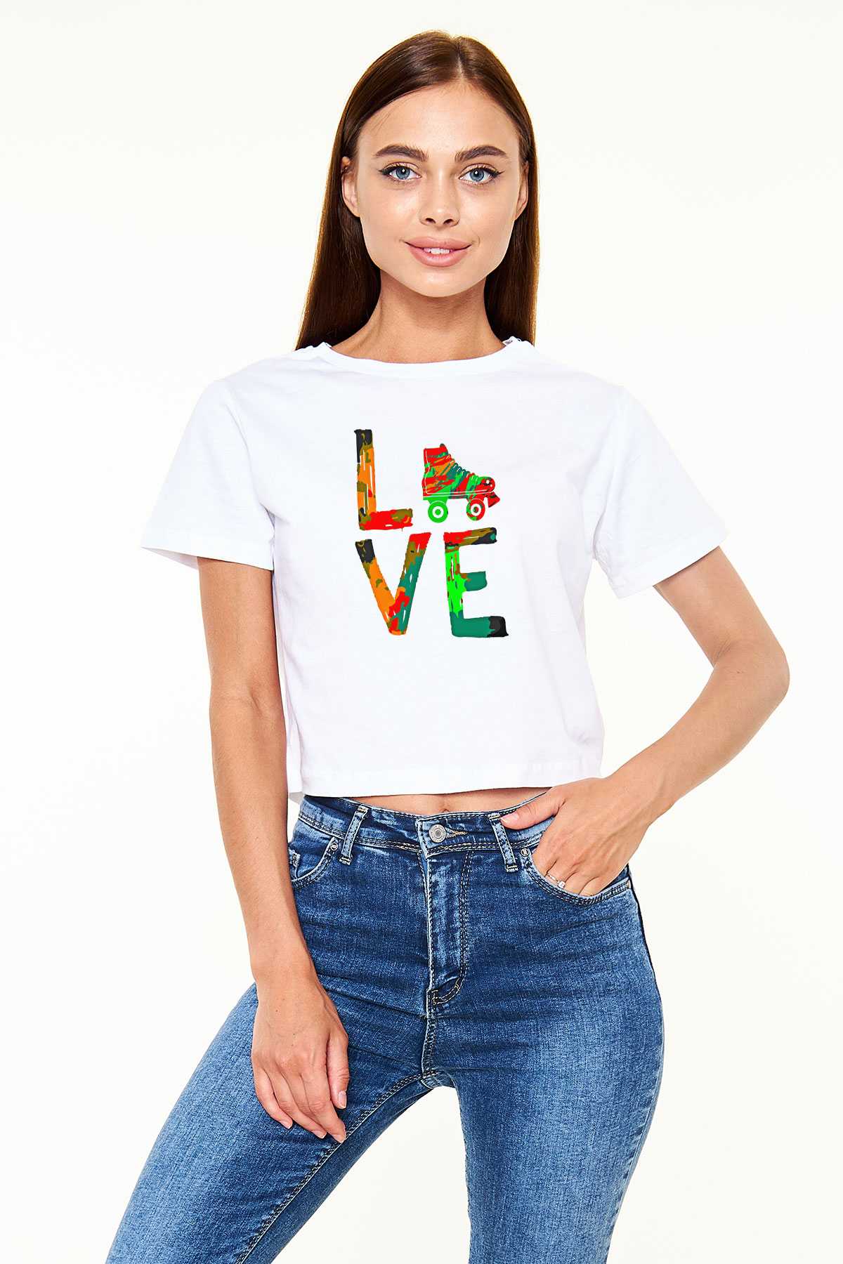 Paten Baskılı Crop Top Beyaz Tişört - T-shirt