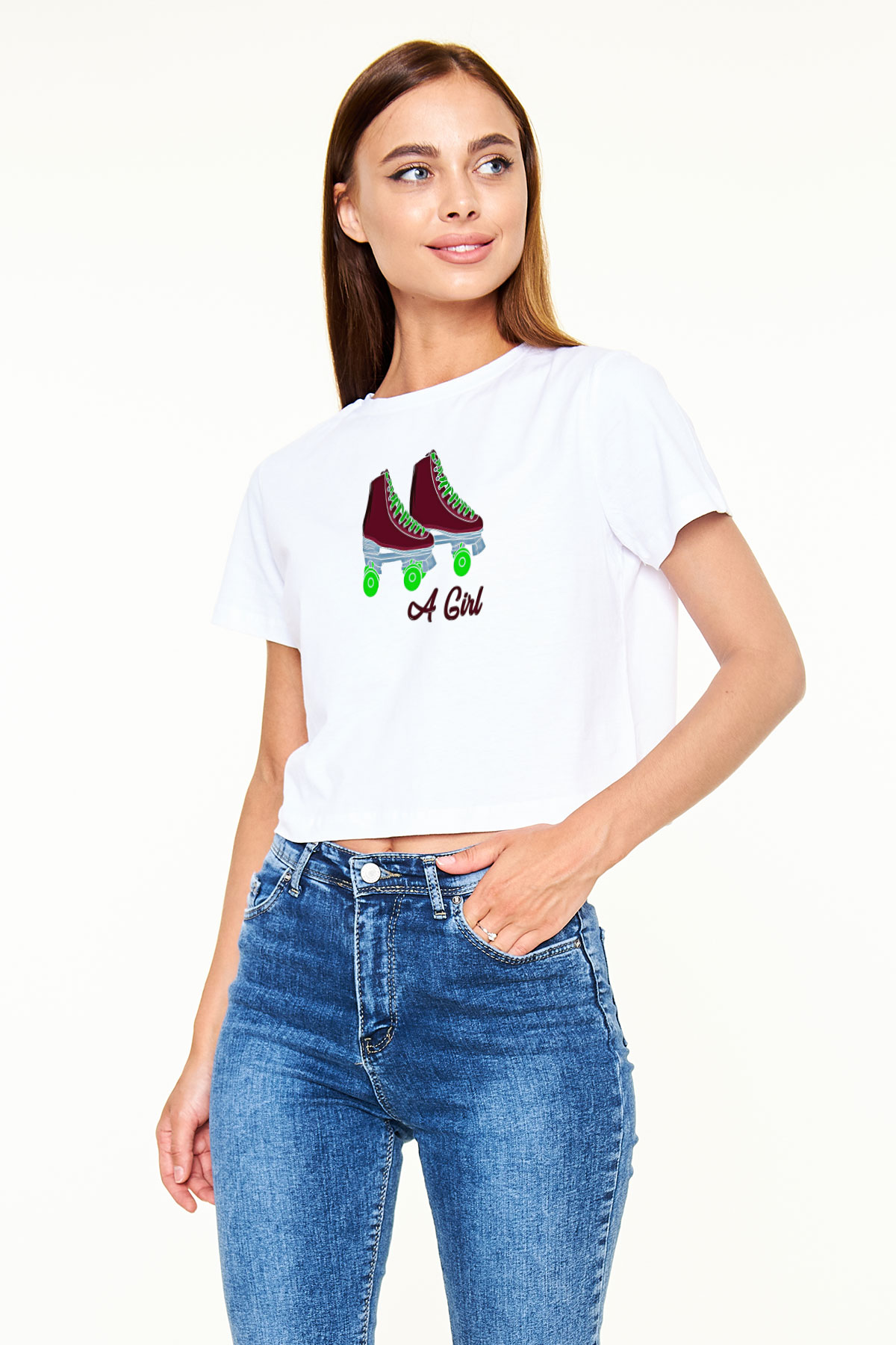 Paten Baskılı Crop Top Beyaz Tişört - T-shirt