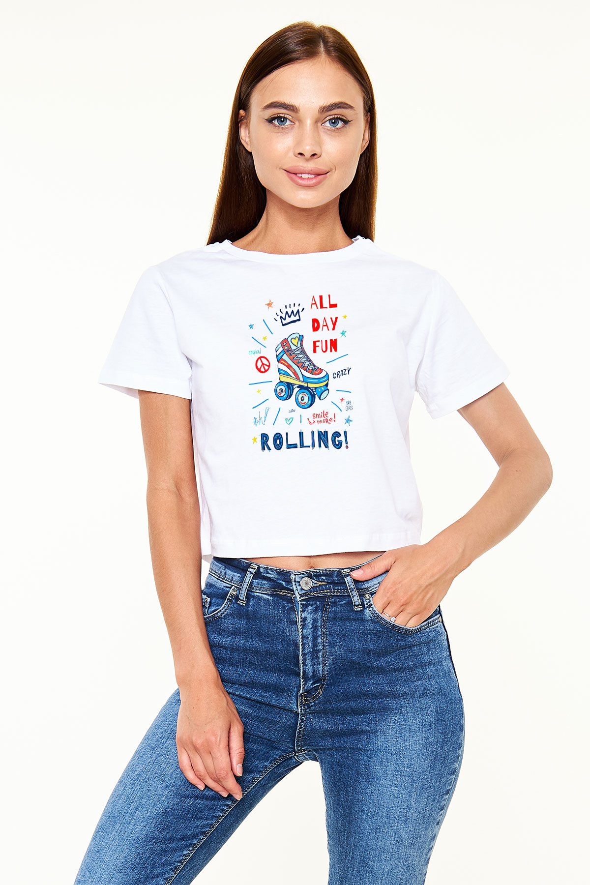 Paten Baskılı Crop Top Beyaz Tişört - T-shirt