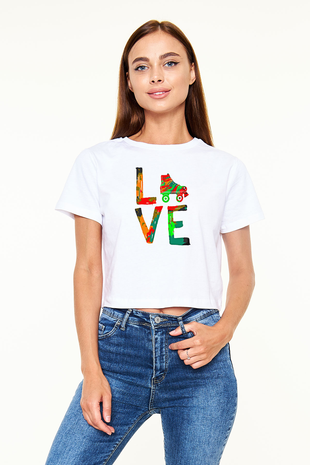 Paten Baskılı Crop Top Beyaz Tişört - T-shirt