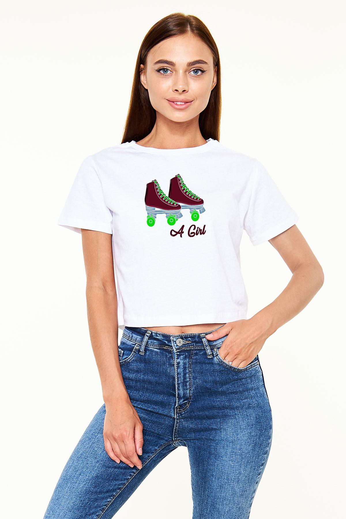 Paten Baskılı Crop Top Beyaz Tişört - T-shirt