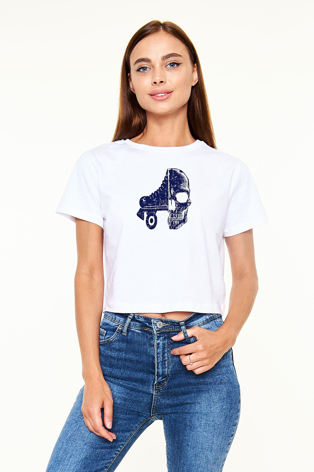 Paten Baskılı Crop Top Beyaz Tişört - T-shirt