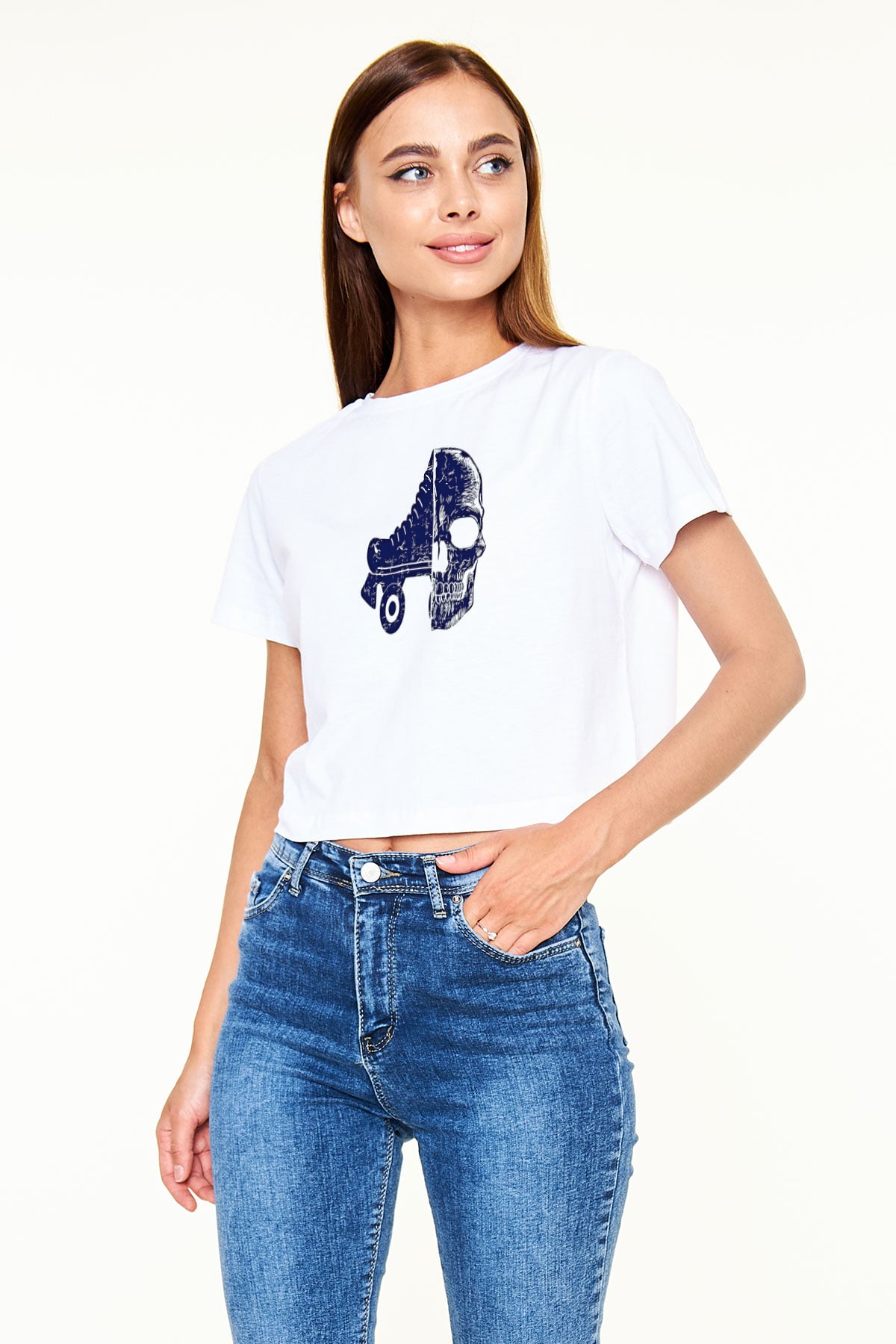 Paten Baskılı Crop Top Beyaz Tişört - T-shirt
