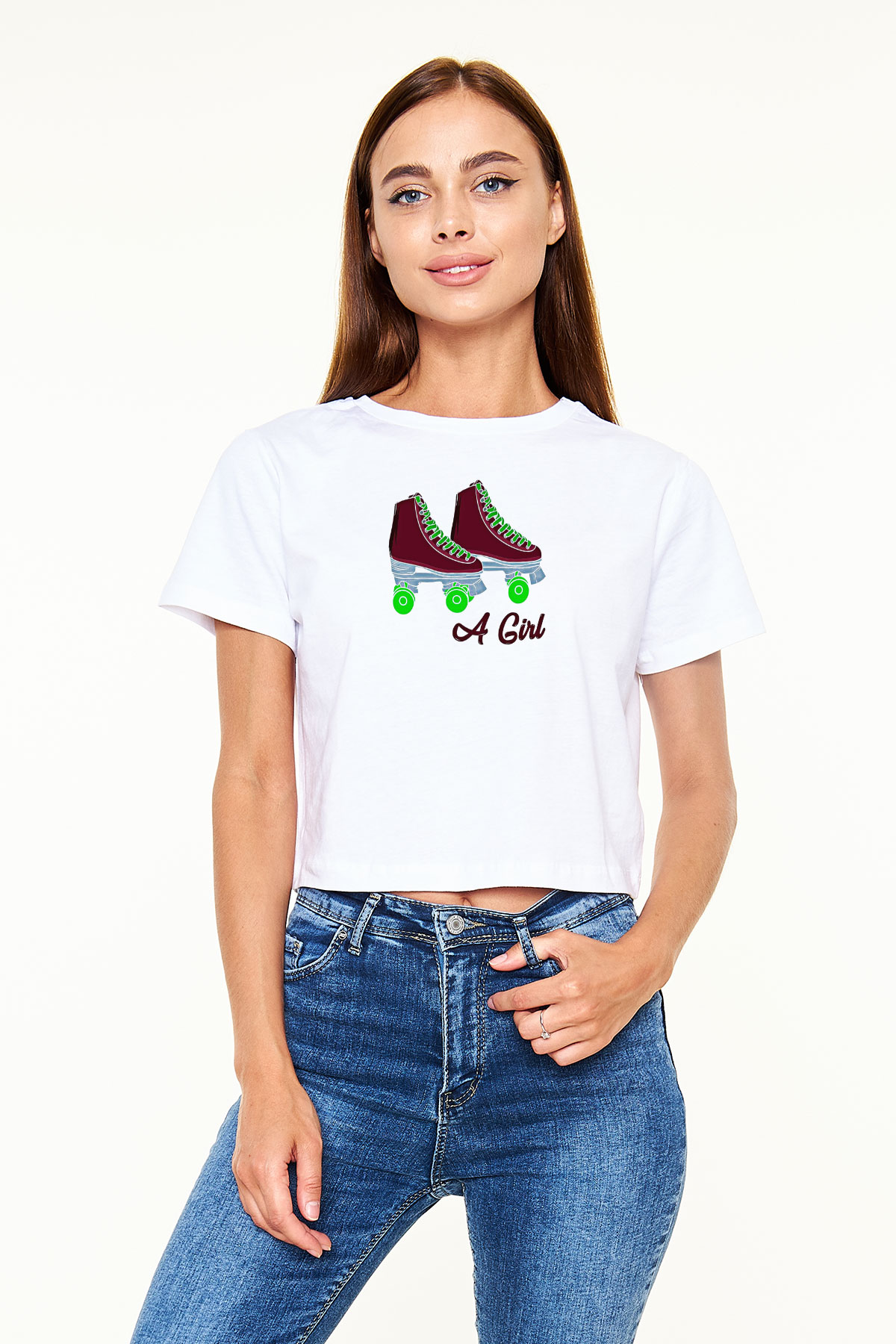 Paten Baskılı Crop Top Beyaz Tişört - T-shirt