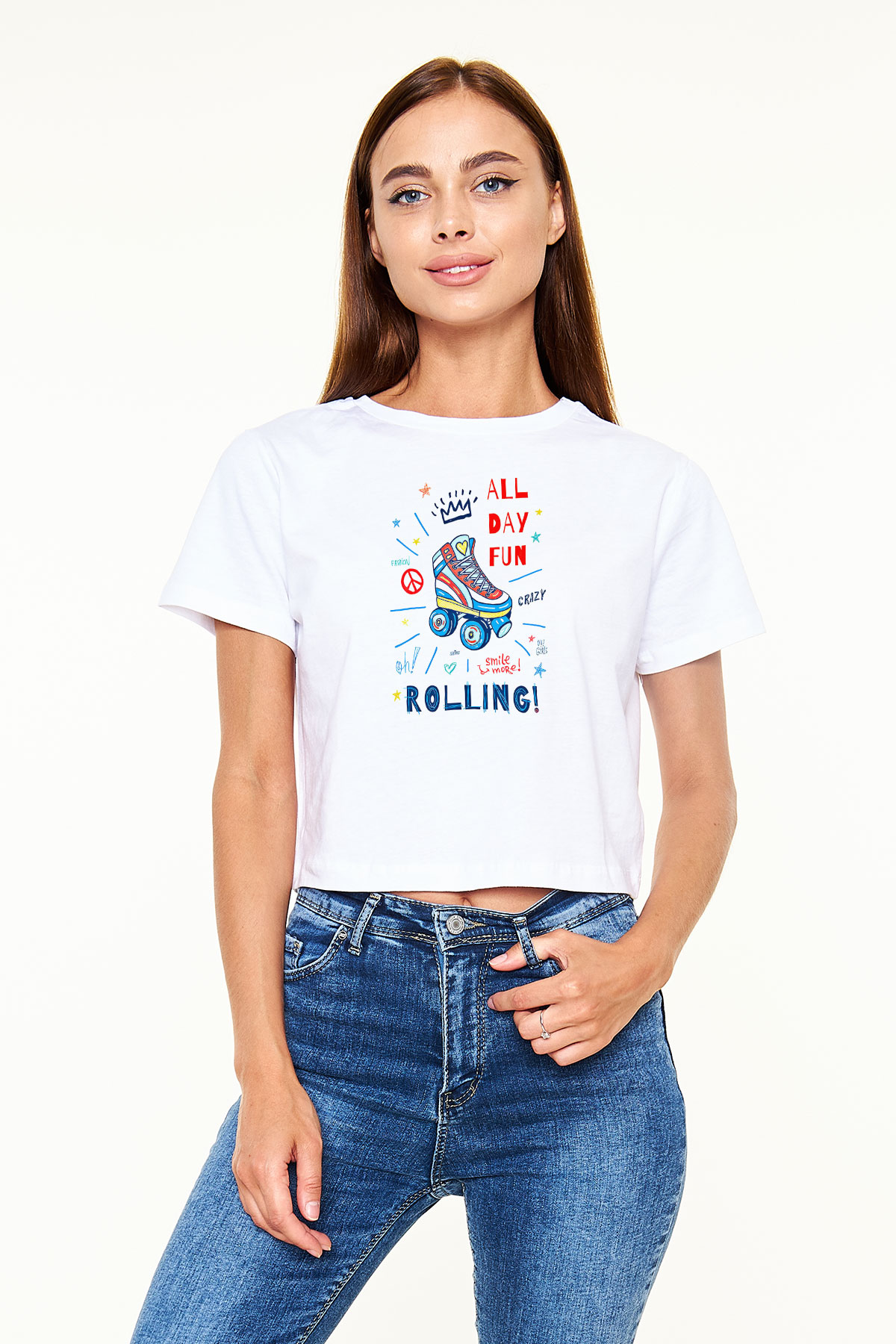 Paten Baskılı Crop Top Beyaz Tişört - T-shirt