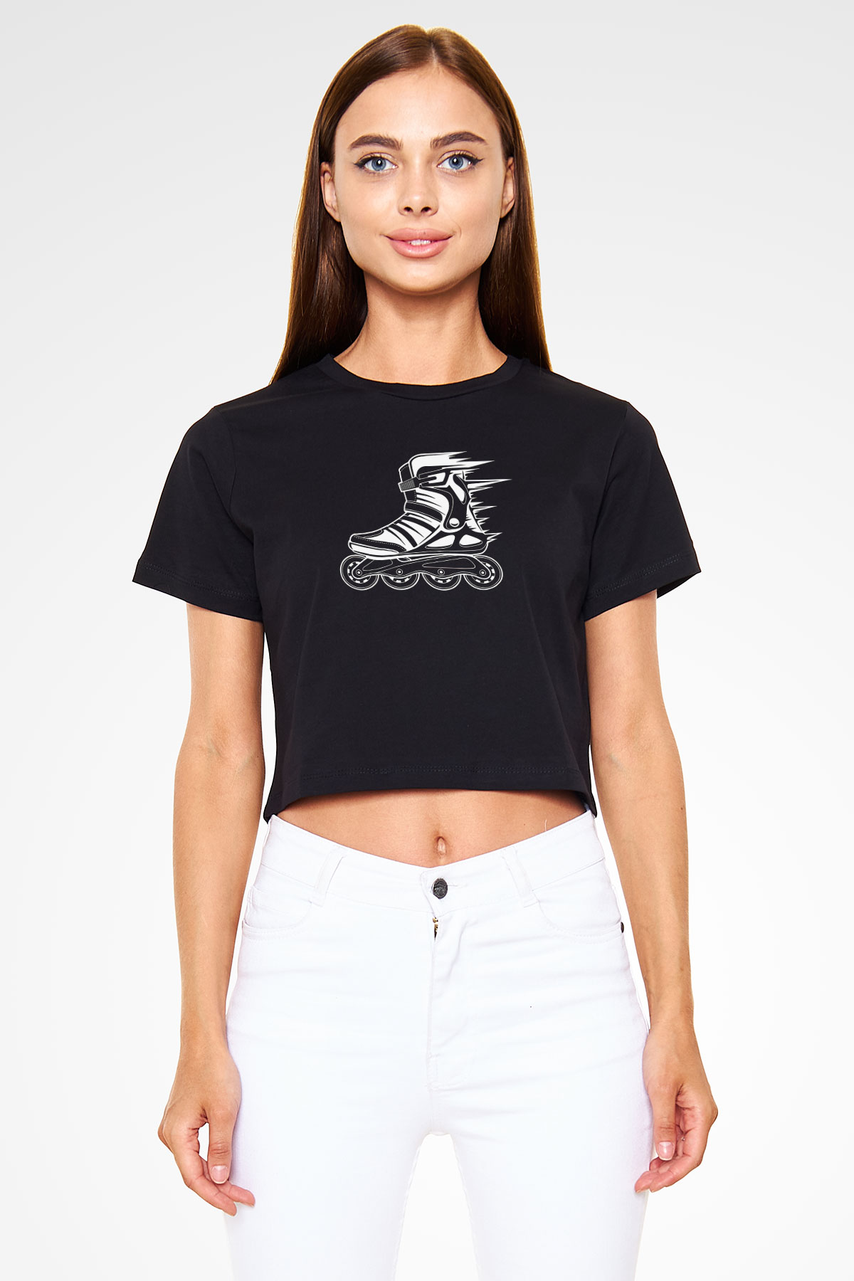 Paten Baskılı Crop Top Siyah Kadın Tişört - Tshirt