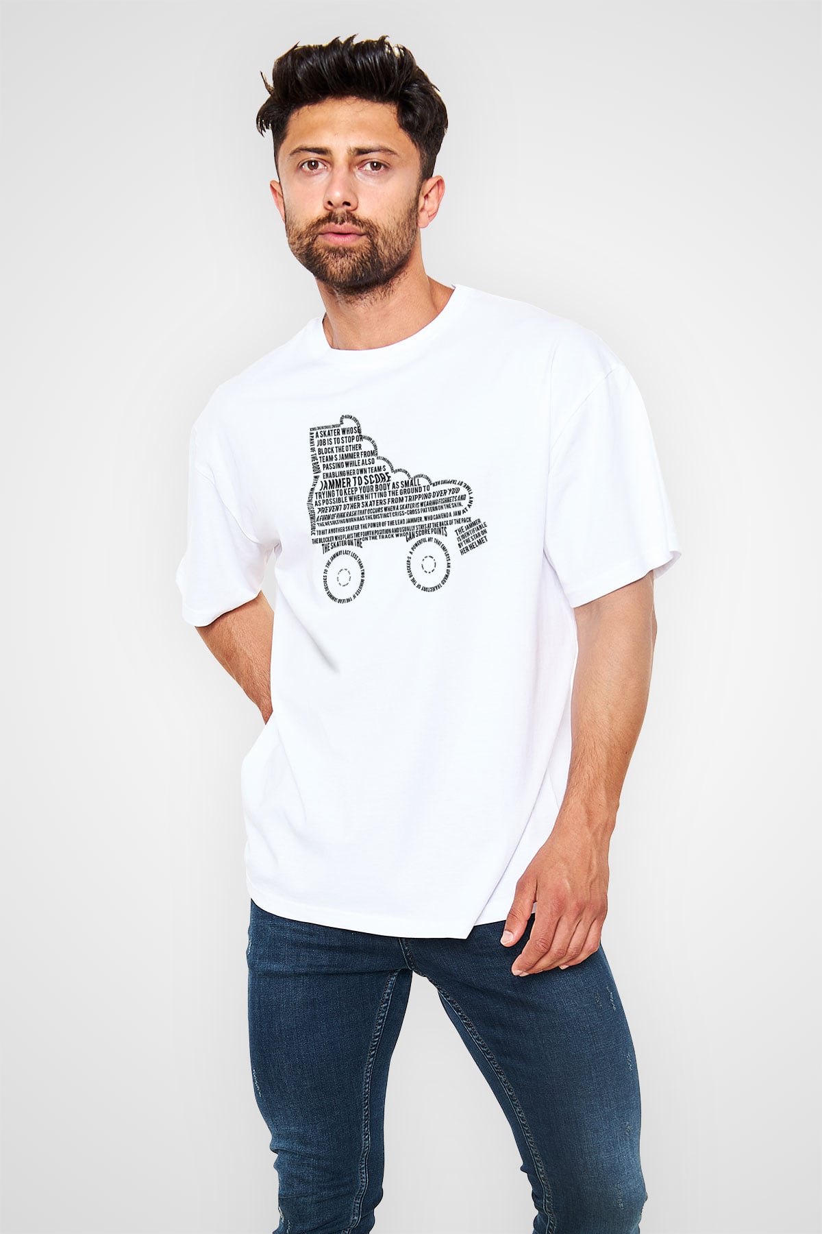 Paten Baskılı Unisex Beyaz Oversize Tişört - Tshirt