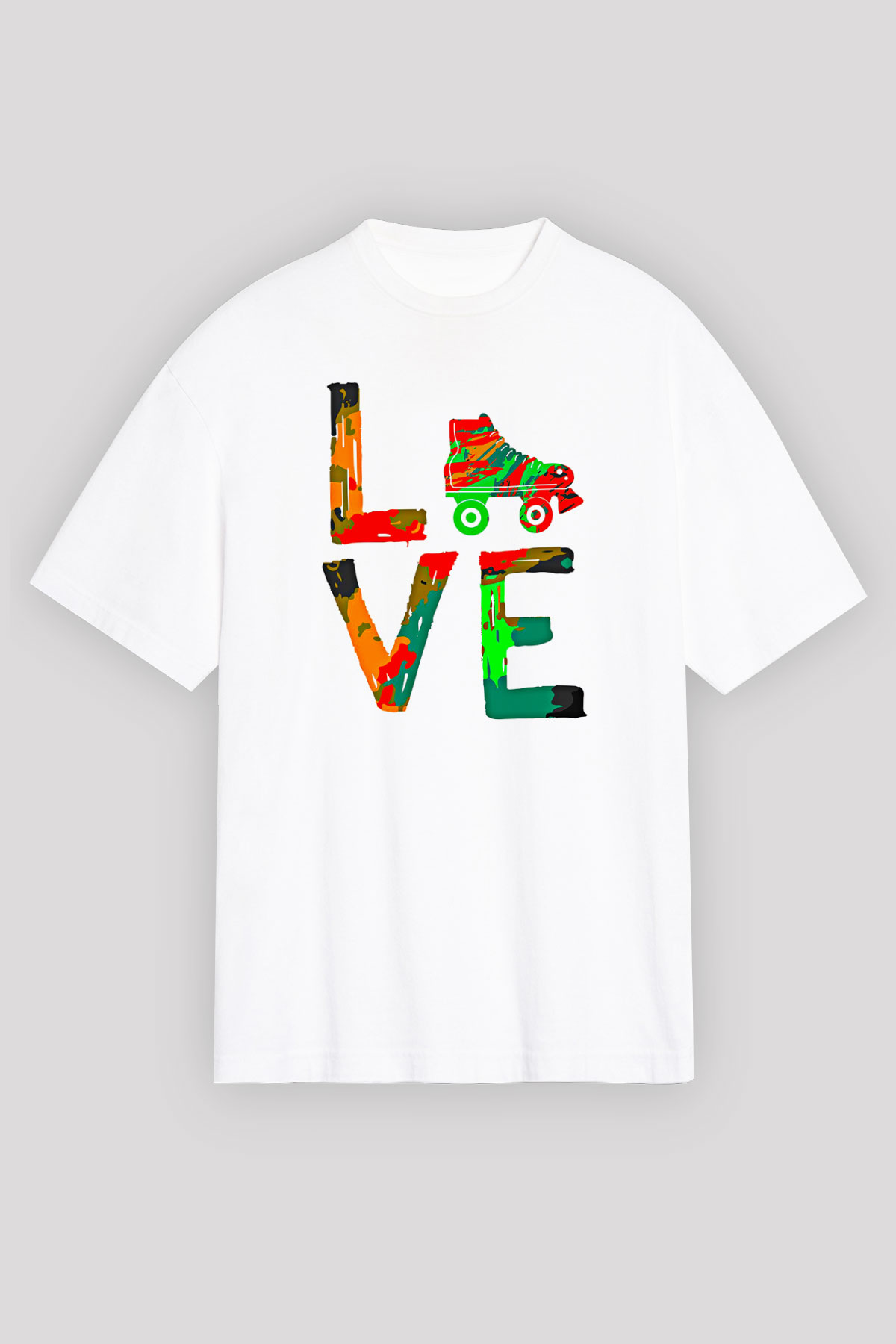 Paten Baskılı Unisex Beyaz Oversize Tişört - Tshirt