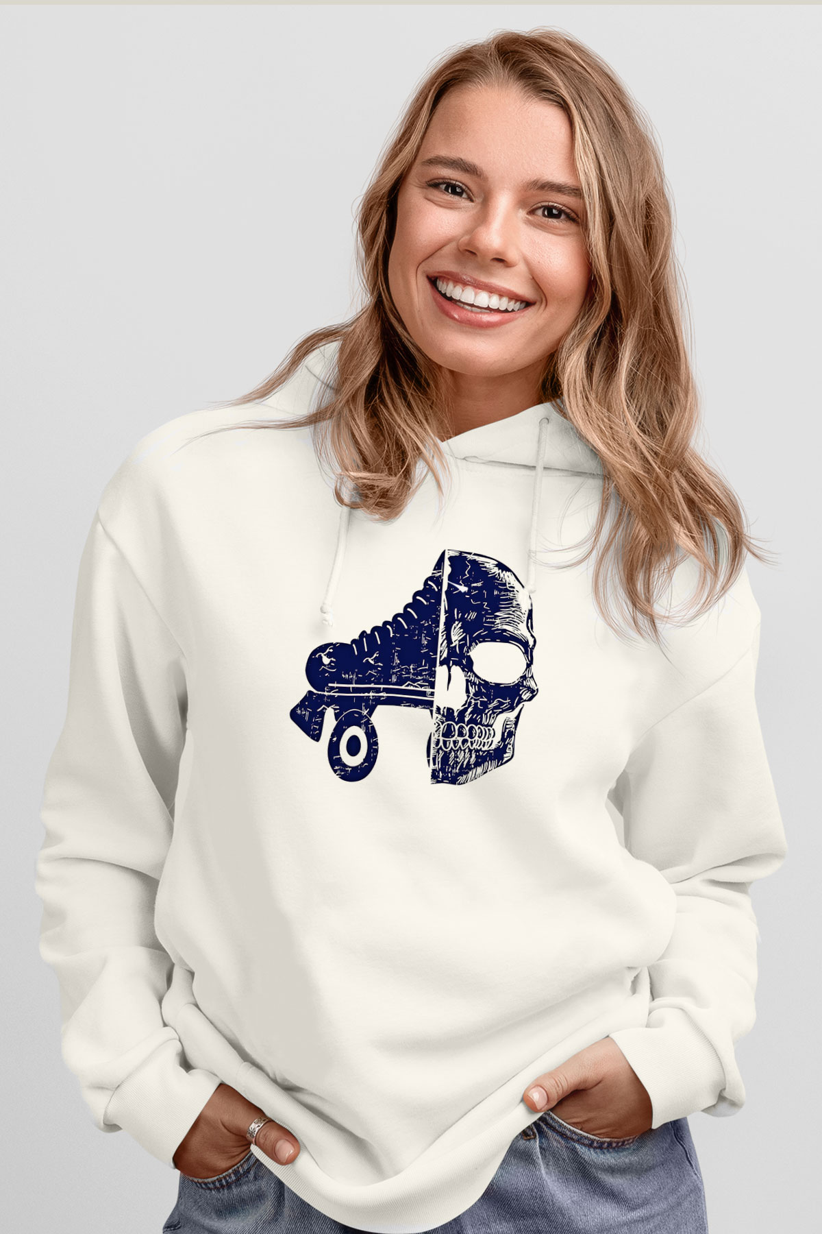 Paten Baskılı Unisex Ekru Hoodie
