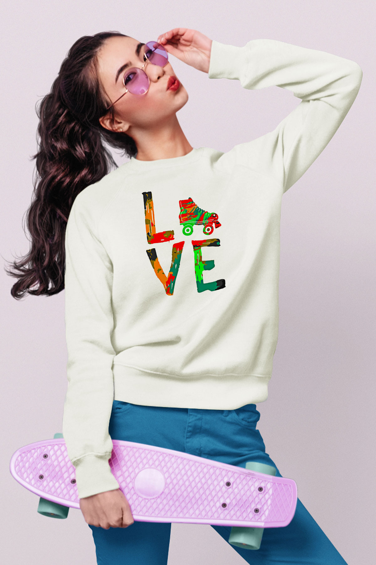 Paten Baskılı Unisex Ekru Sweatshirt