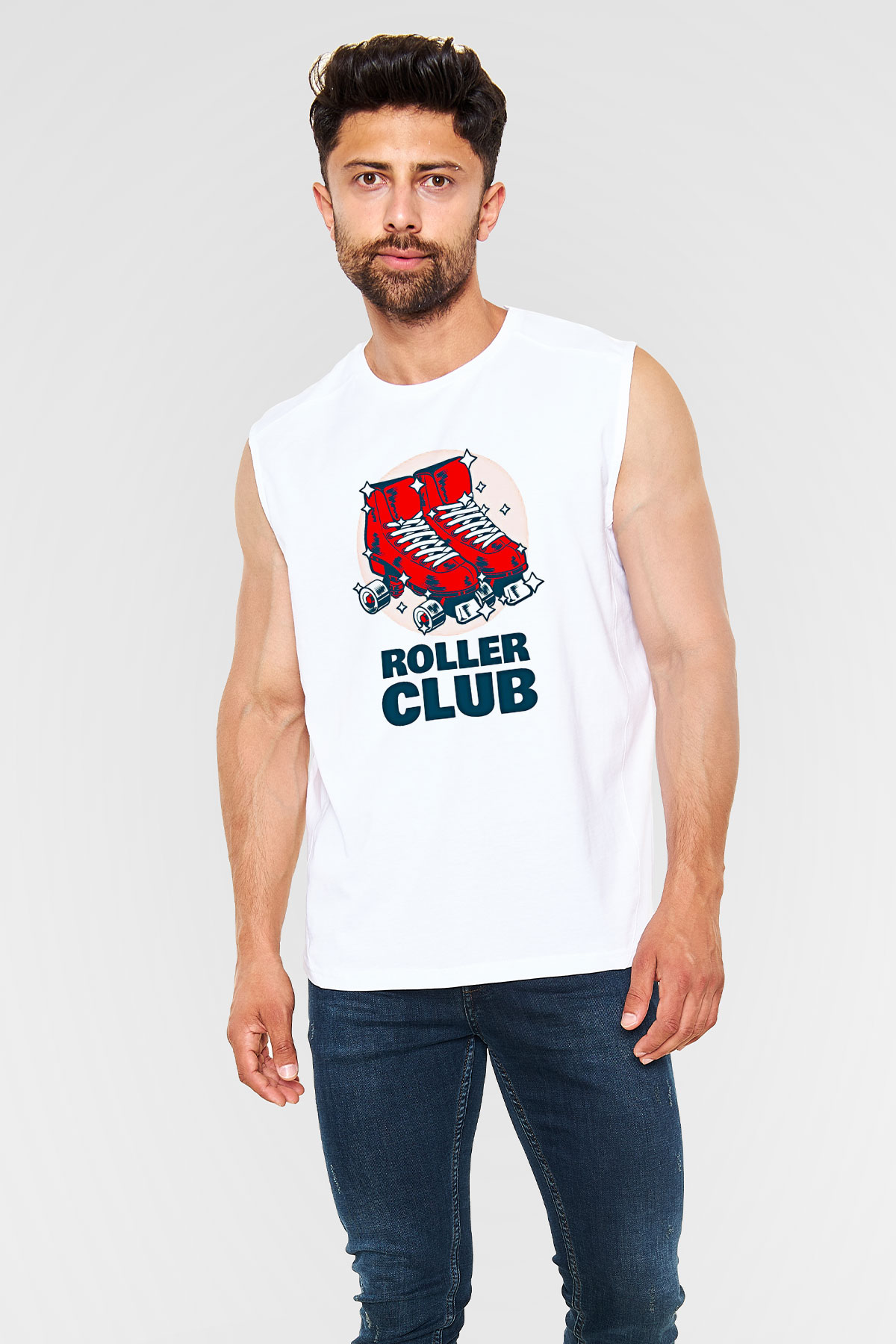 Paten Baskılı Unisex Kolsuz Beyaz Tişört