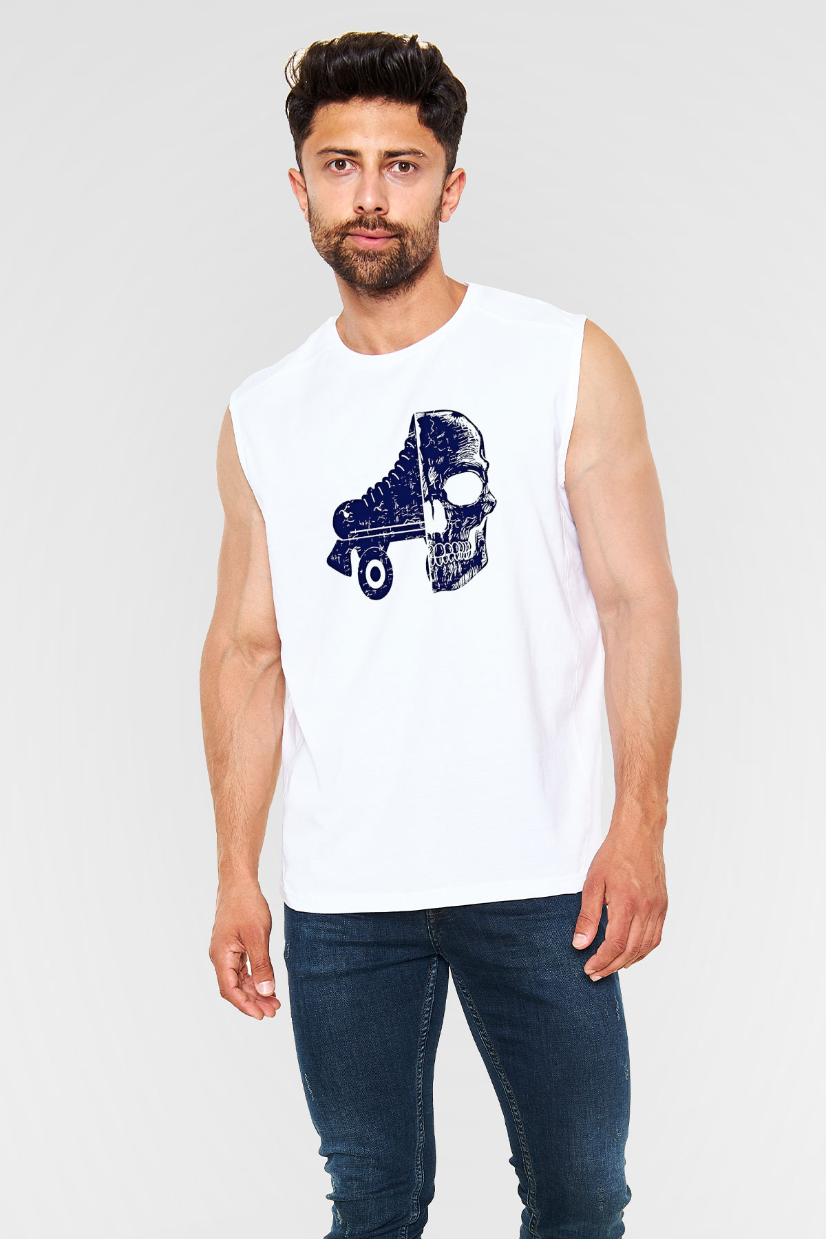 Paten Baskılı Unisex Kolsuz Beyaz Tişört