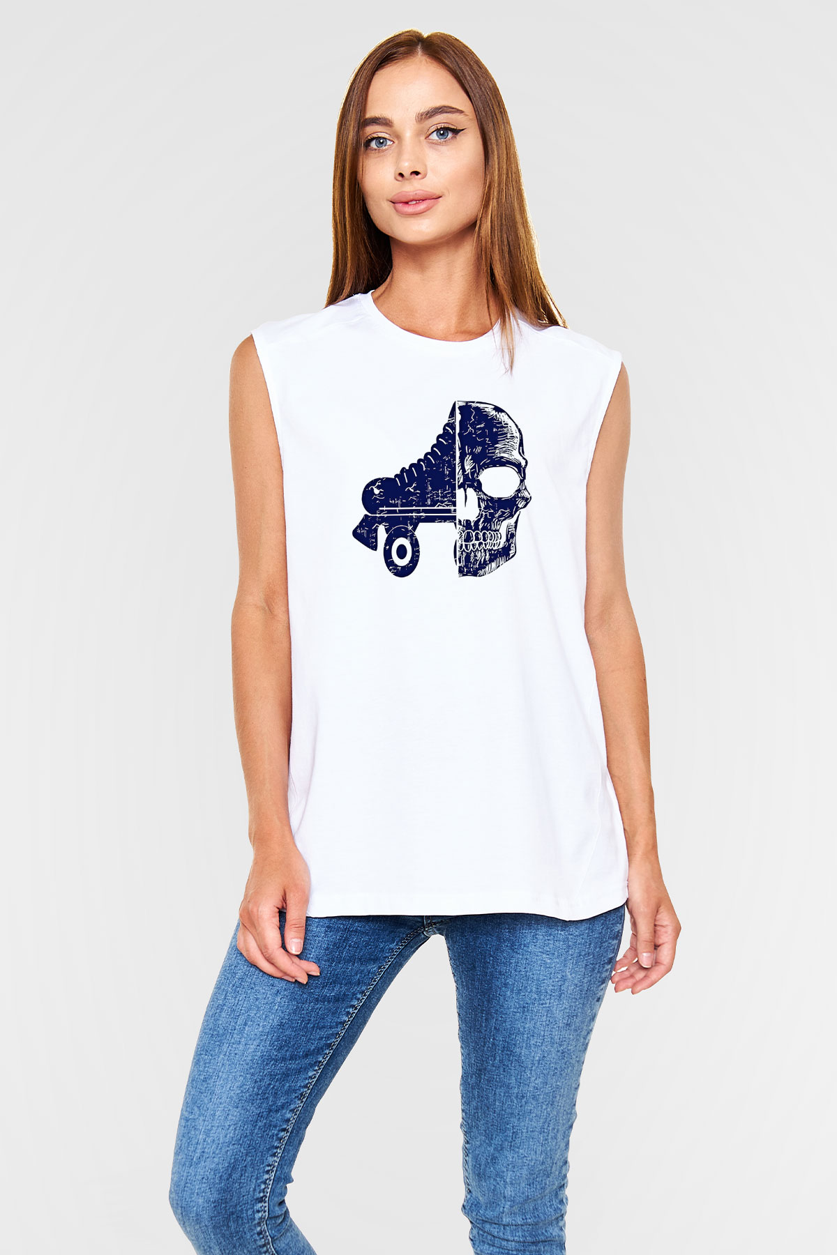 Paten Baskılı Unisex Kolsuz Beyaz Tişört