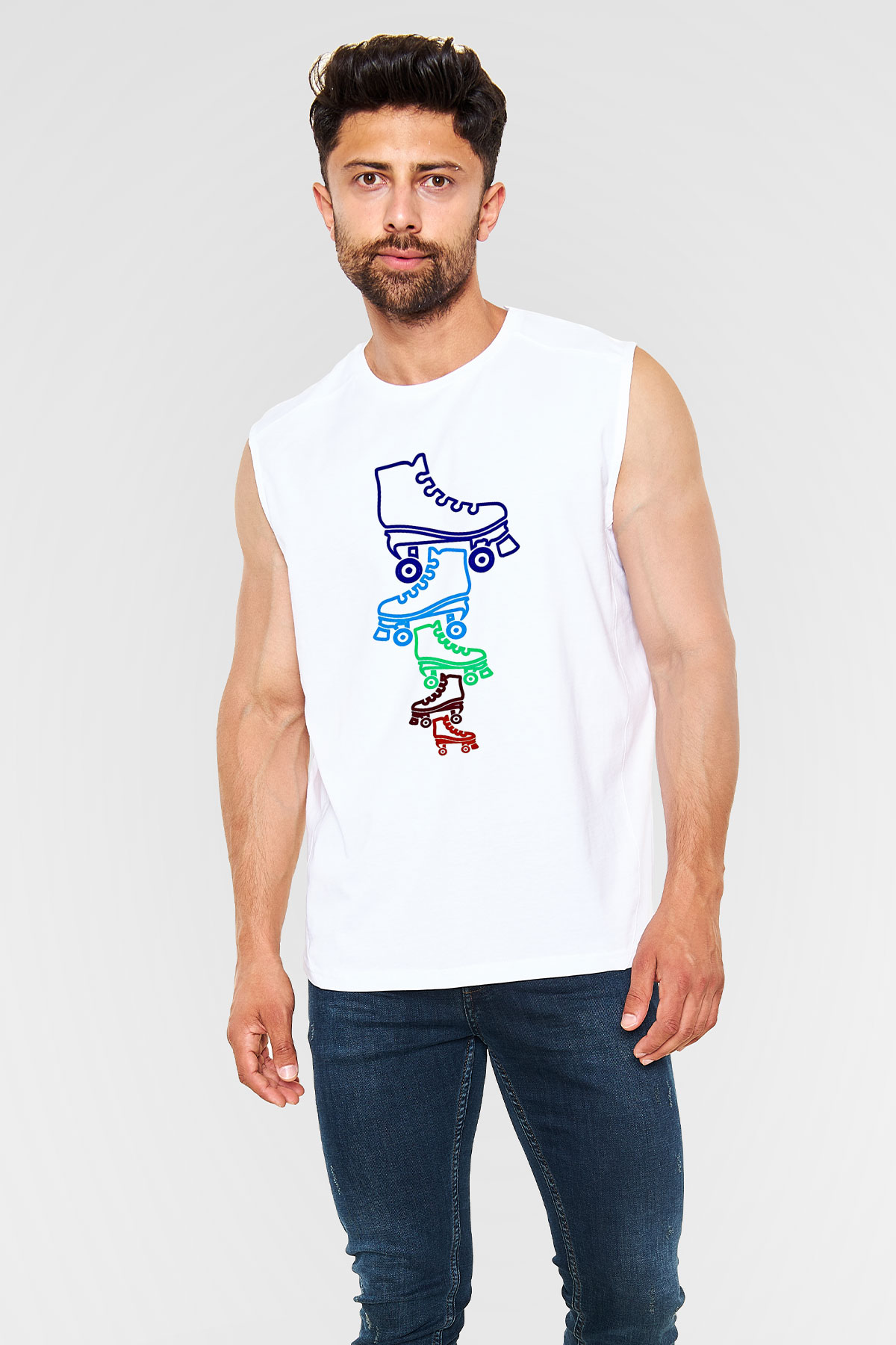 Paten Baskılı Unisex Kolsuz Beyaz Tişört