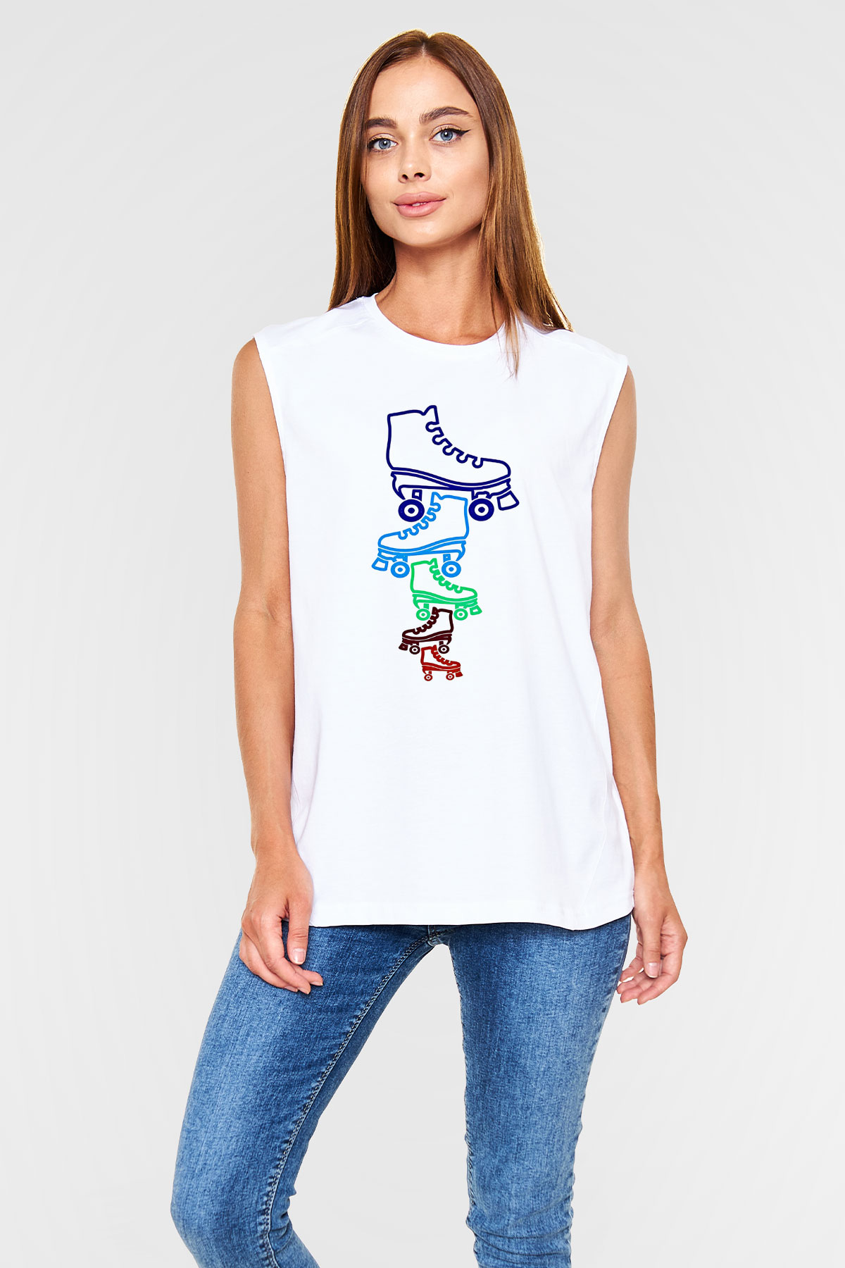 Paten Baskılı Unisex Kolsuz Beyaz Tişört