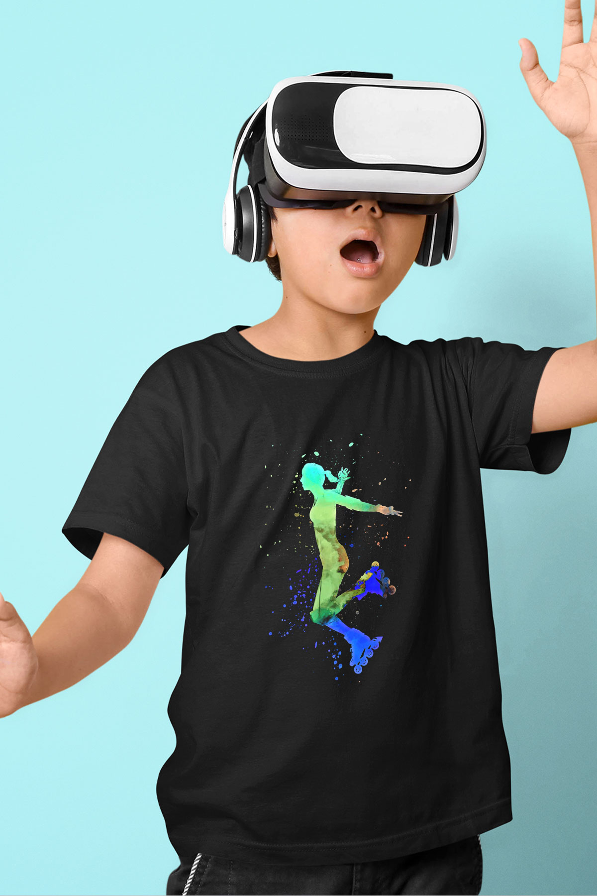 Paten Baskılı Unisex Siyah Çocuk Tİşörtü - Tshirt