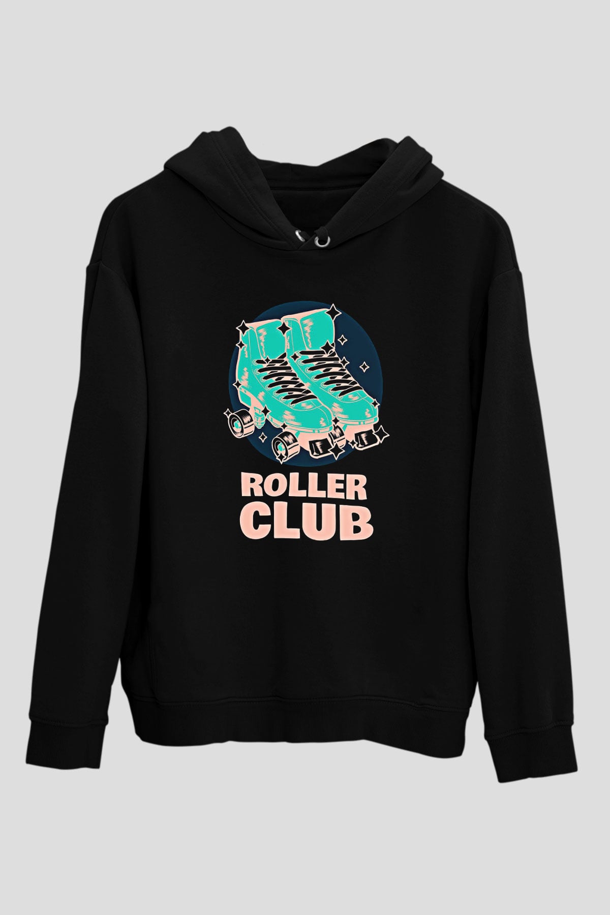Paten Baskılı Unisex Siyah Kapüşonlu Sweatshirt