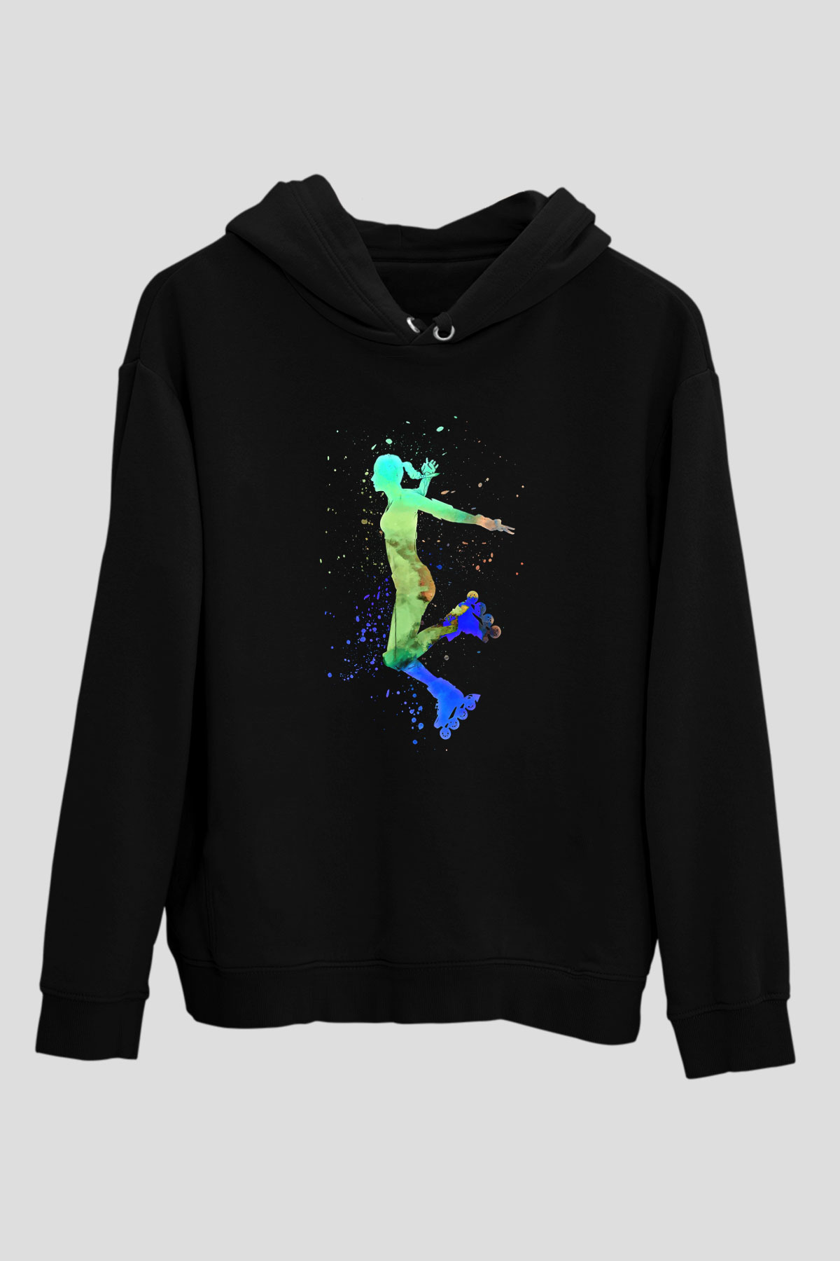 Paten Baskılı Unisex Siyah Kapüşonlu Sweatshirt