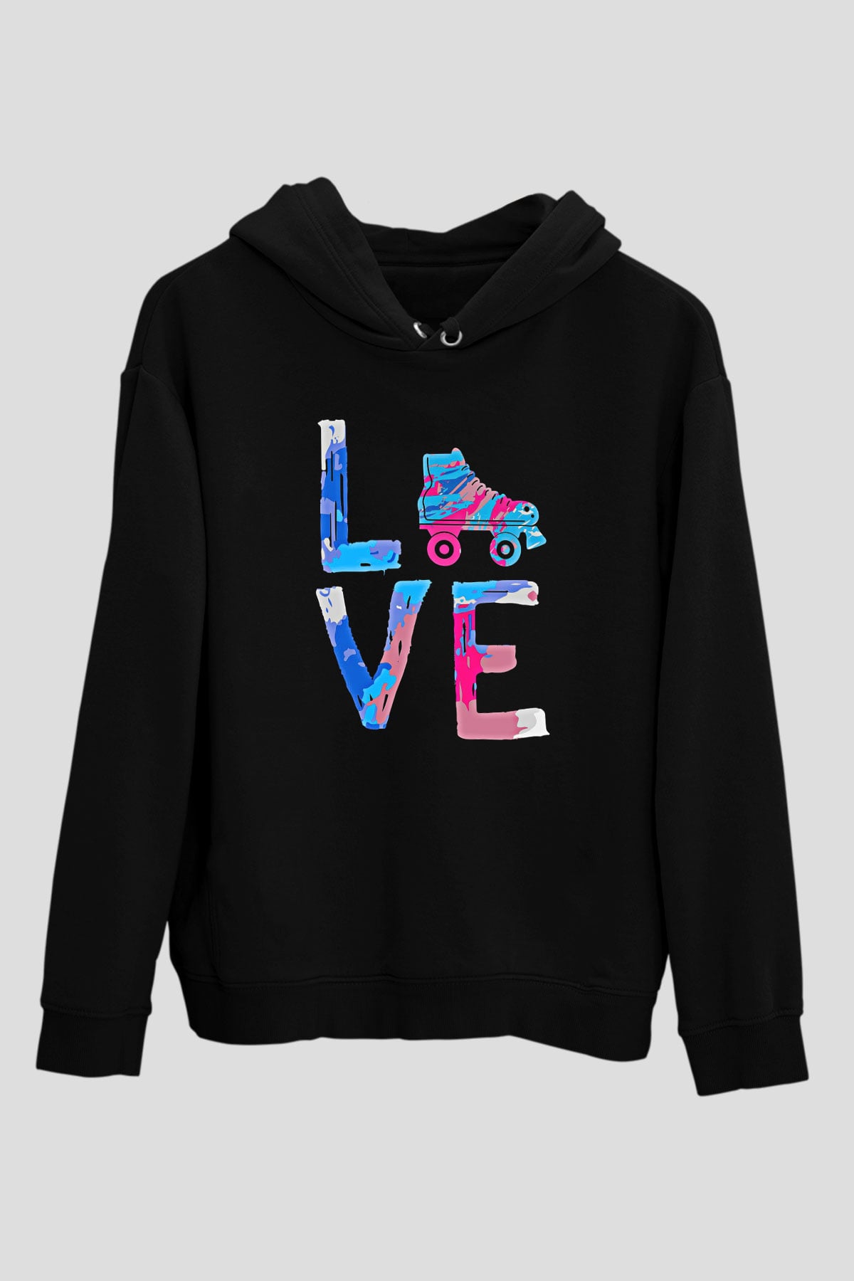 Paten Baskılı Unisex Siyah Kapüşonlu Sweatshirt