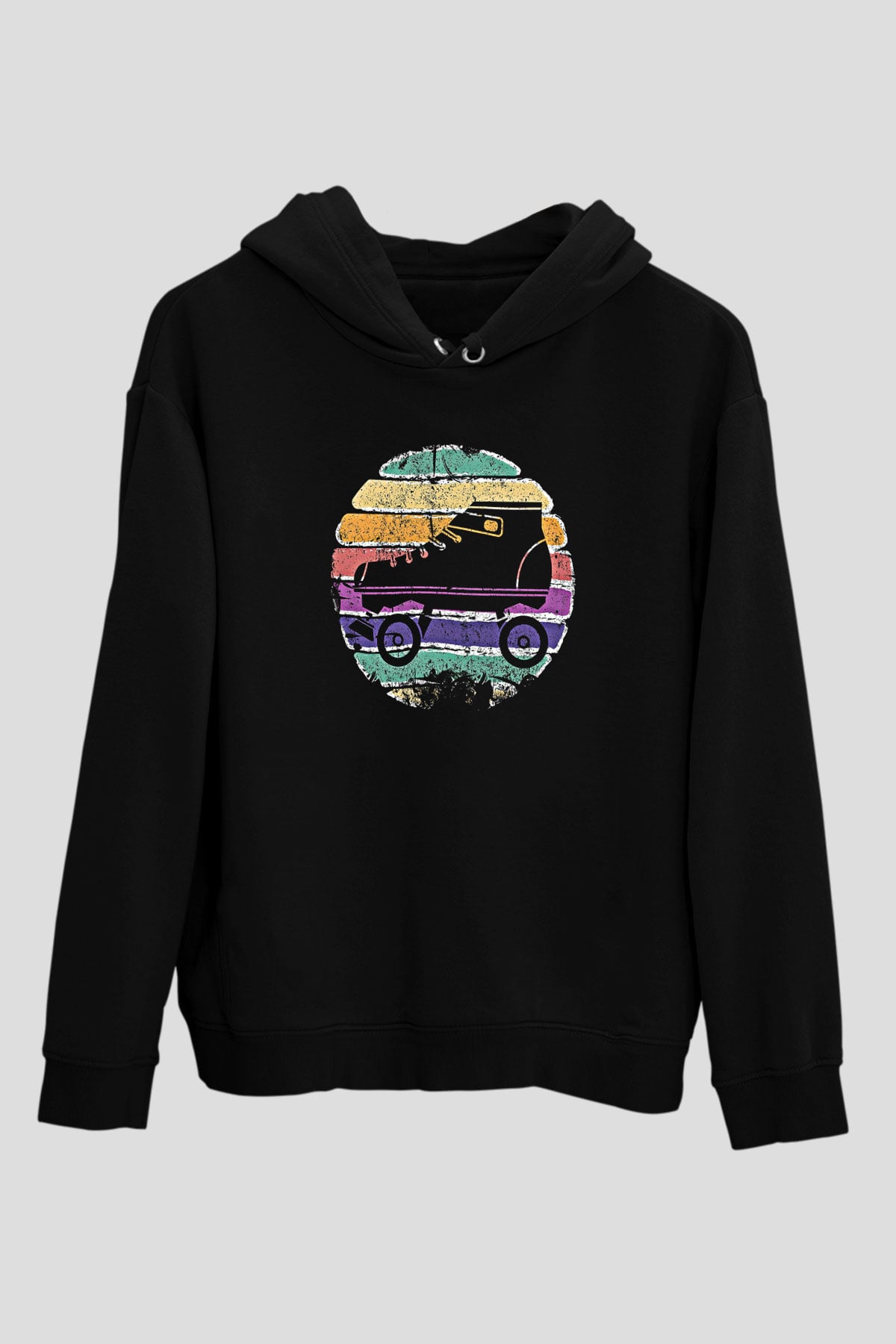 Paten Baskılı Unisex Siyah Kapüşonlu Sweatshirt