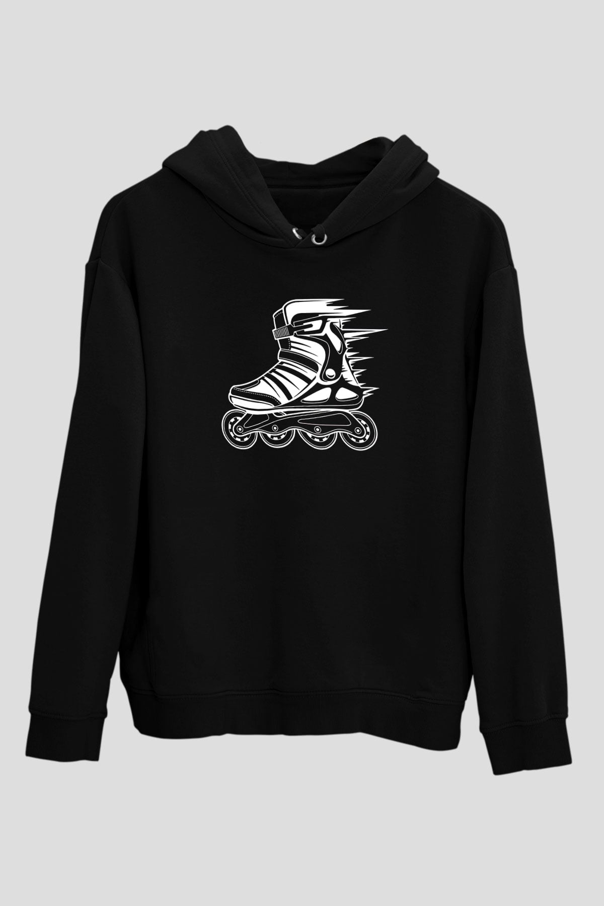 Paten Baskılı Unisex Siyah Kapüşonlu Sweatshirt