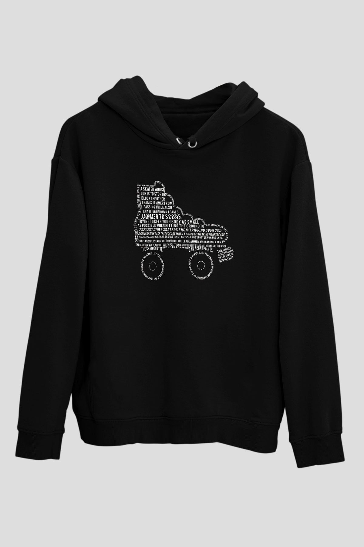 Paten Baskılı Unisex Siyah Kapüşonlu Sweatshirt