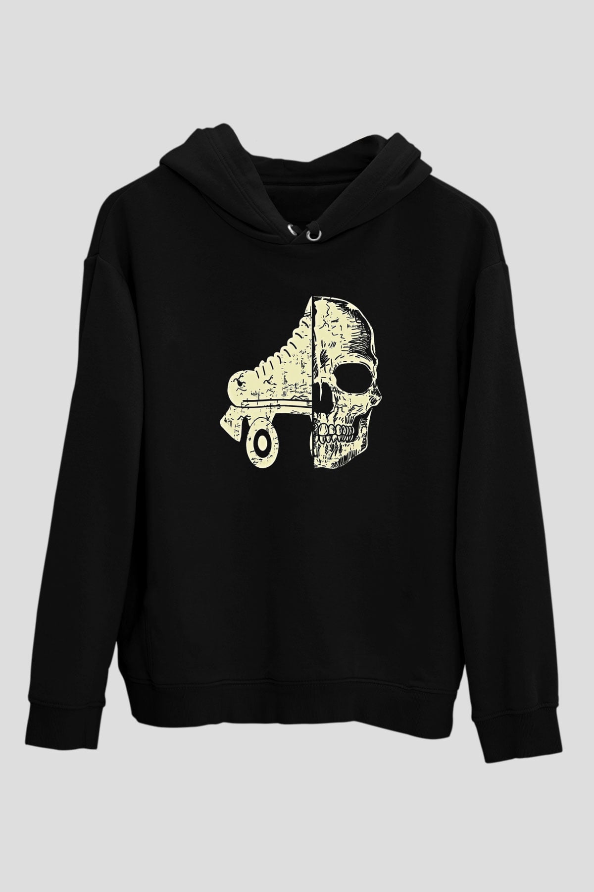 Paten Baskılı Unisex Siyah Kapüşonlu Sweatshirt