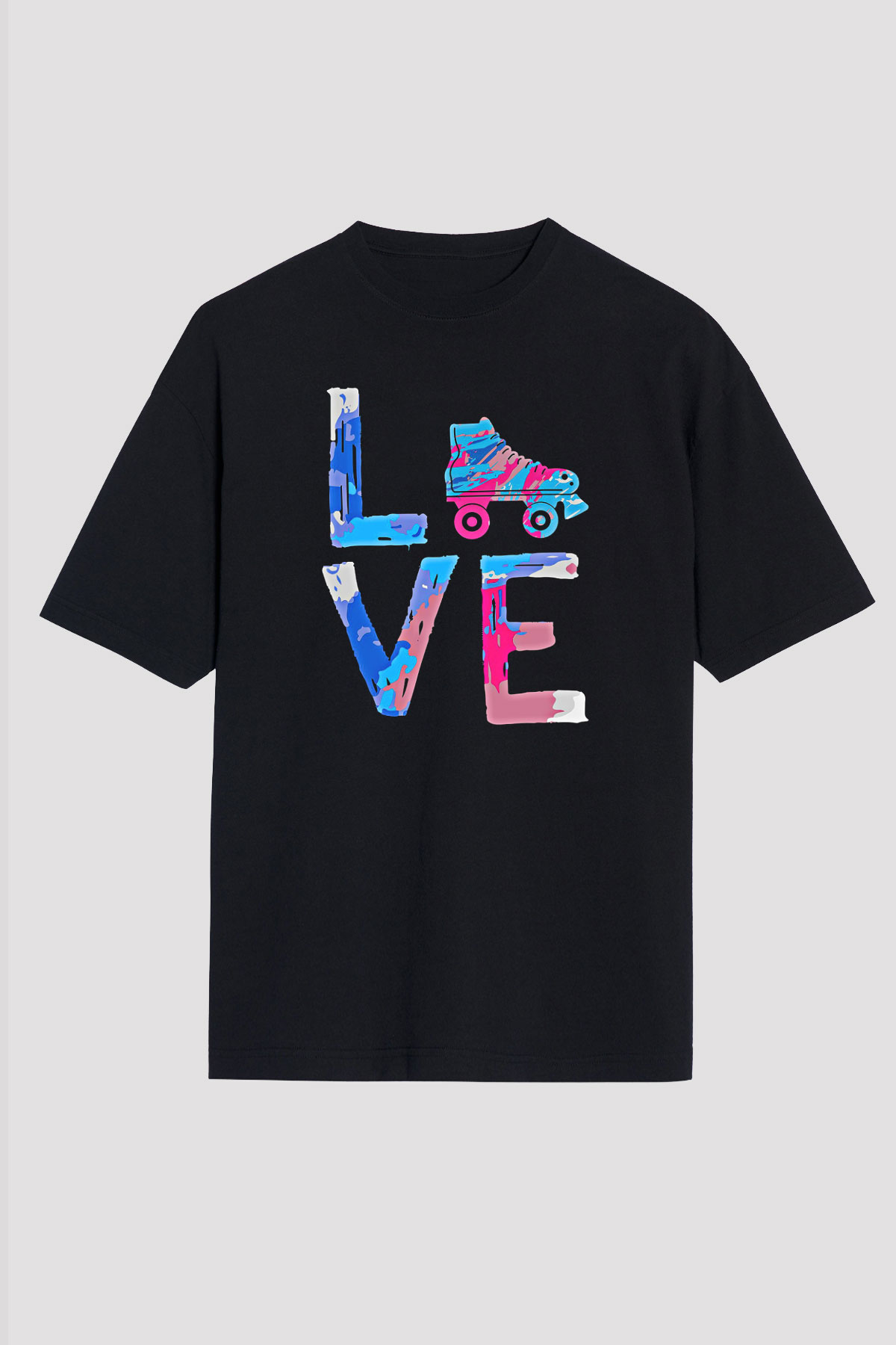 Paten Baskılı Unisex Siyah Oversize Tişört