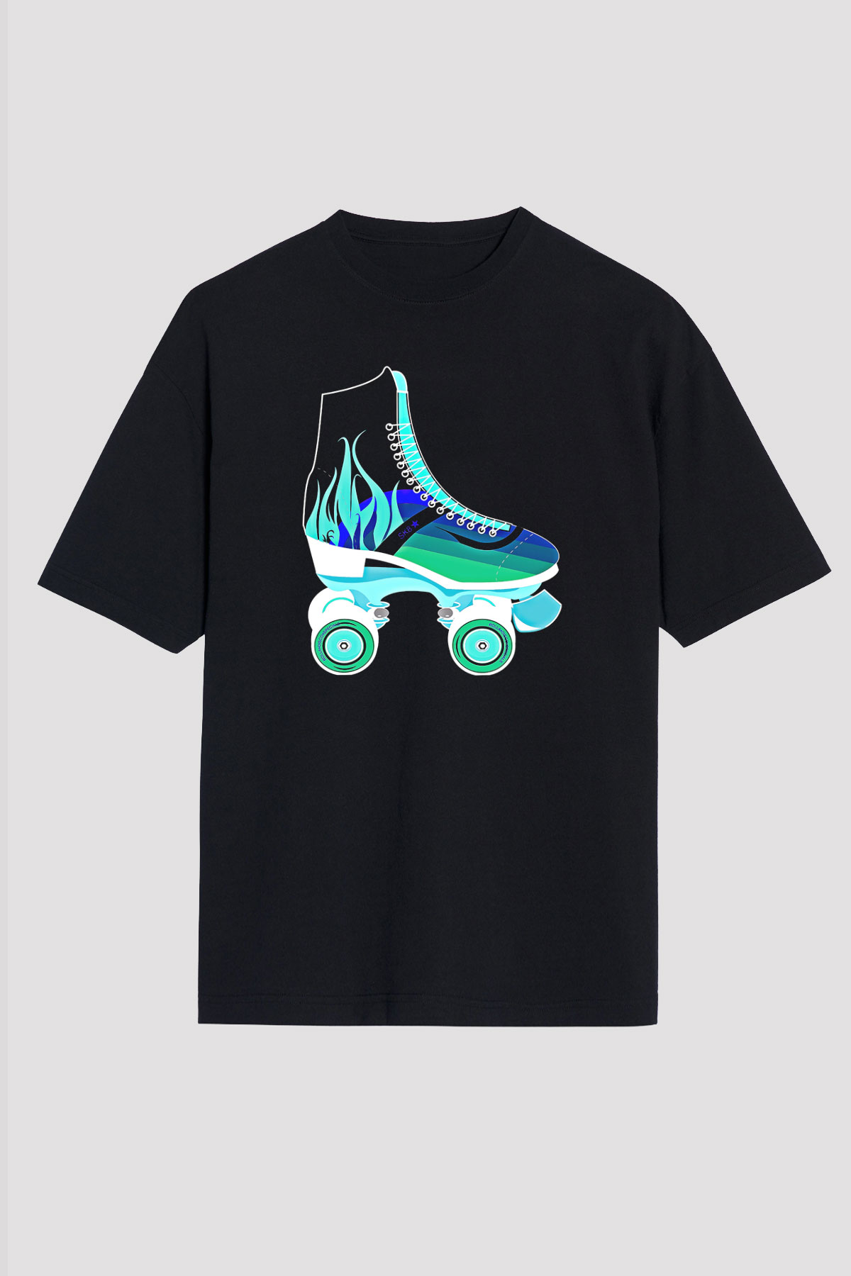 Paten Baskılı Unisex Siyah Oversize Tişört